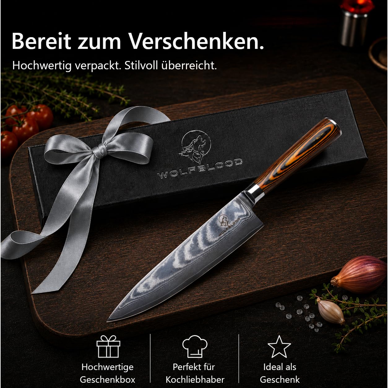 Wolfblood Damastmesser Küchenmesser XL (32cm) TÜV geprüfter 62 HRC Damaststahl aus 67 Lagen I Damast-Küchenmesser Chefmesser Kochmesser mit Holzgriff Geschenkbox und Klingenschutz