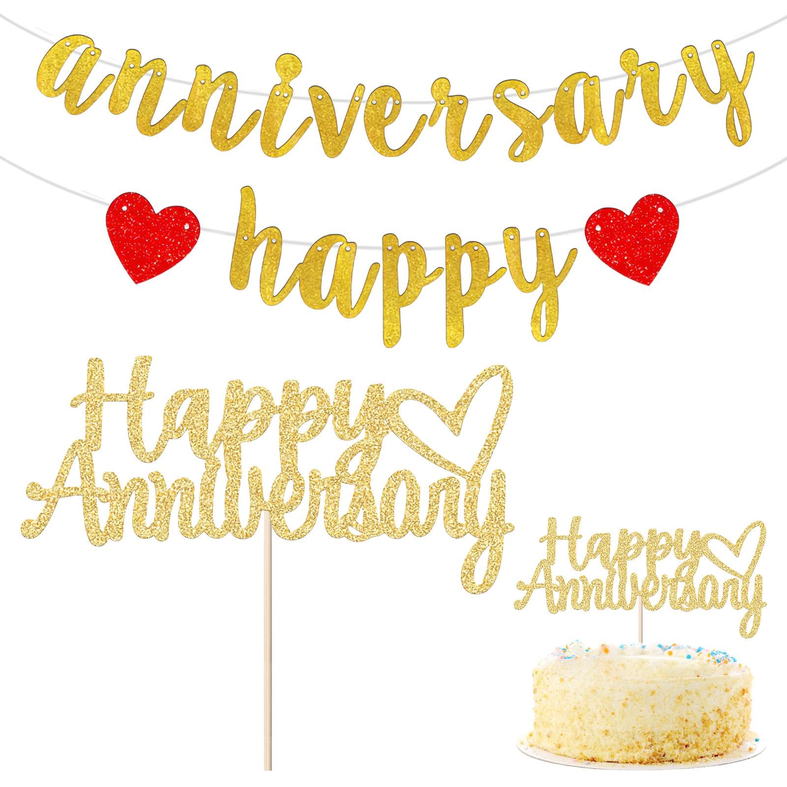 Eowvisn Gold 1 Anniversary Cake Insert And 1 Decorative Flag, Cake Decoration Insert, Party Decorations, Glitter Decorations, Party Scene Decoration
