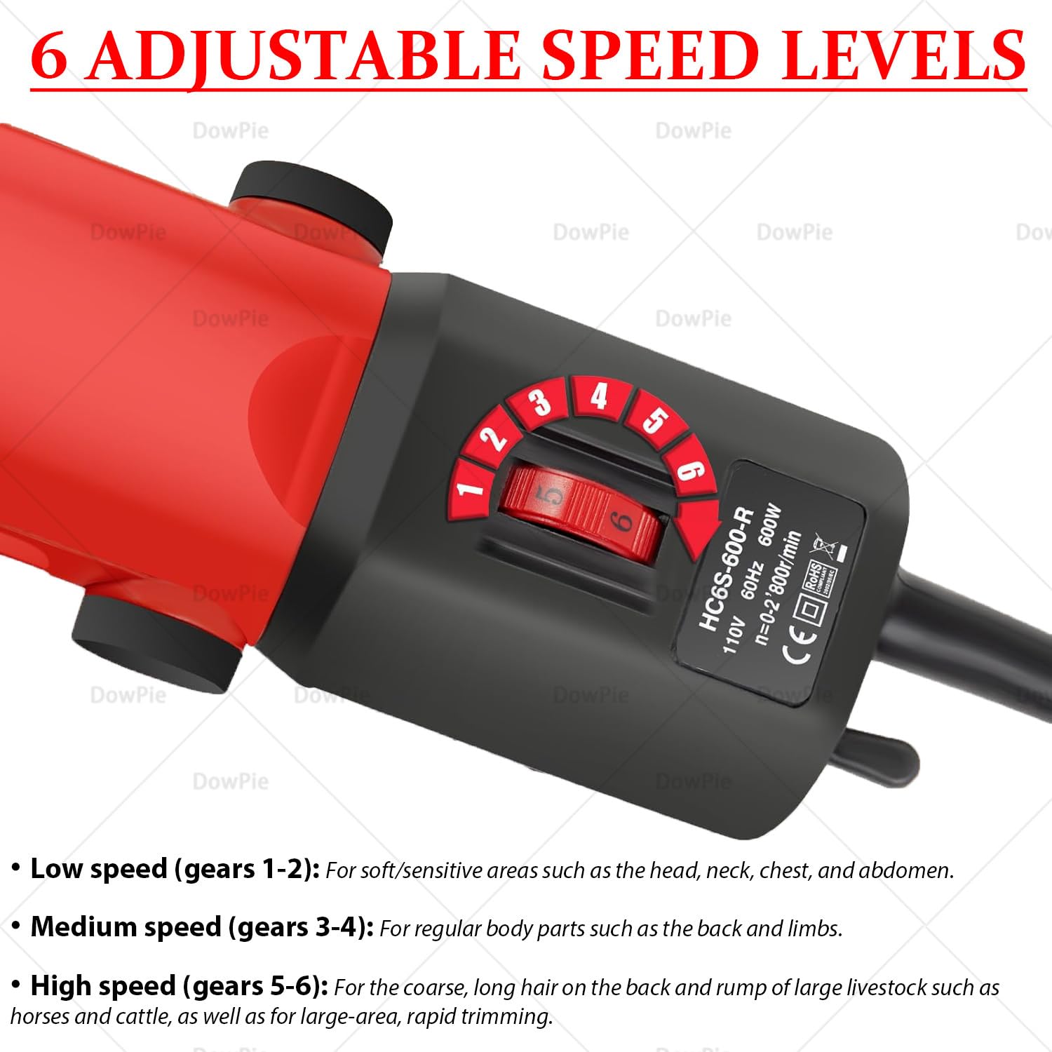 Cortapelos Profesionales para Animales de Pelo Grueso, 690 W, 6 velocidades Ajustables, para el Cuidado de Caballos, Ganado y Perros Grandes. Esquila y Aseo eficientes. 220V