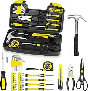 39 Piece Tool Set General Household Tool Kit - Basic Home Tool Set Small Hand Tool Kit with Plastic Toolbox Storage Case for Home Garage Office College Dormitory Use Yellow