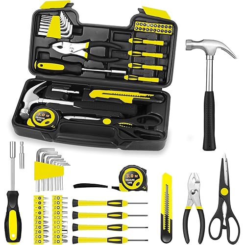 39 Piece Tool Set General Household Tool Kit - Basic Home Tool Set Small Hand Tool Kit with Plastic Toolbox Storage Case for Home Garage Office College Dormitory Use Yellow