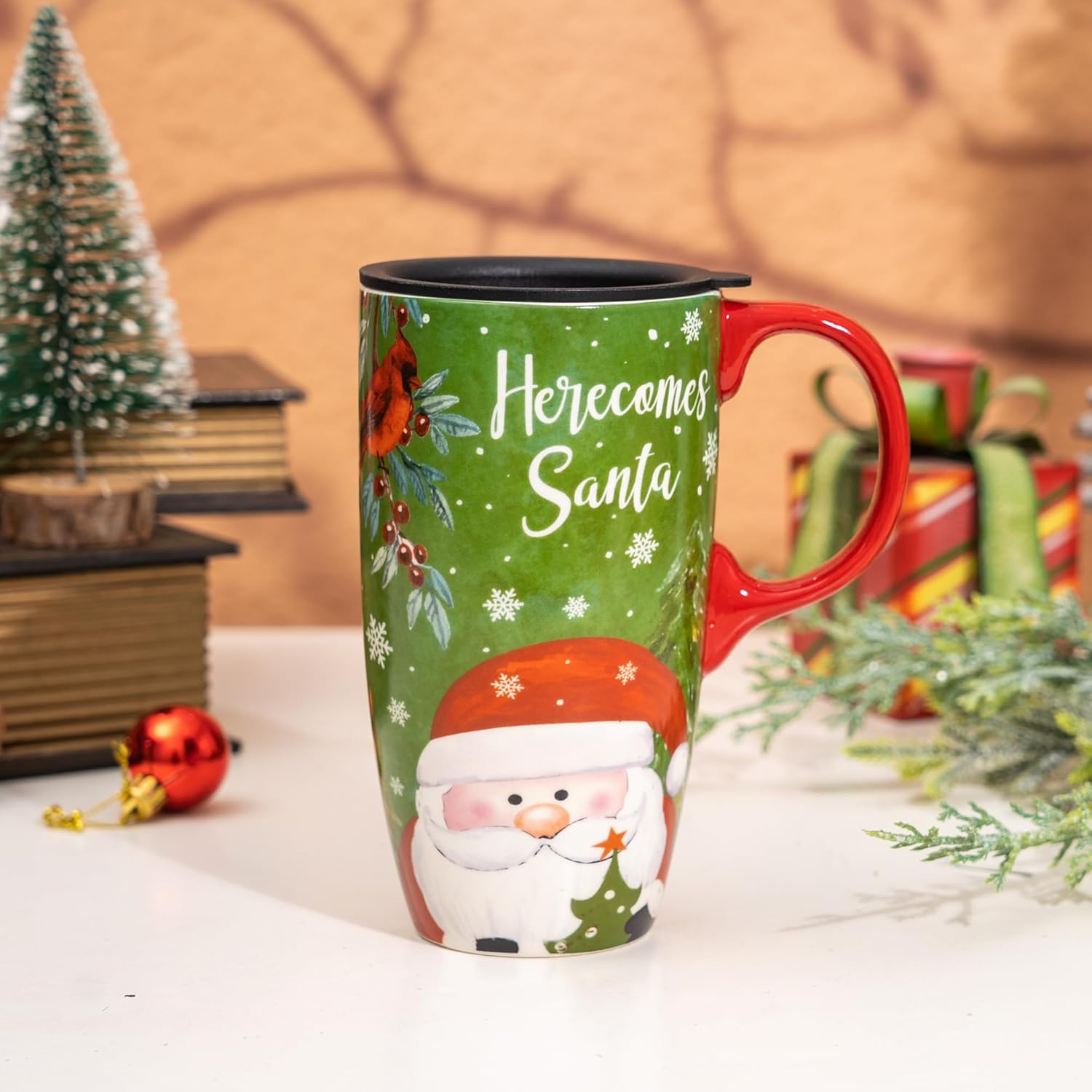 Topadorn Ceramic Travel Mug for Coffee or Tea Sealed Lid 17 oz Santa Claus Xmas Christmas Mug - Image 8