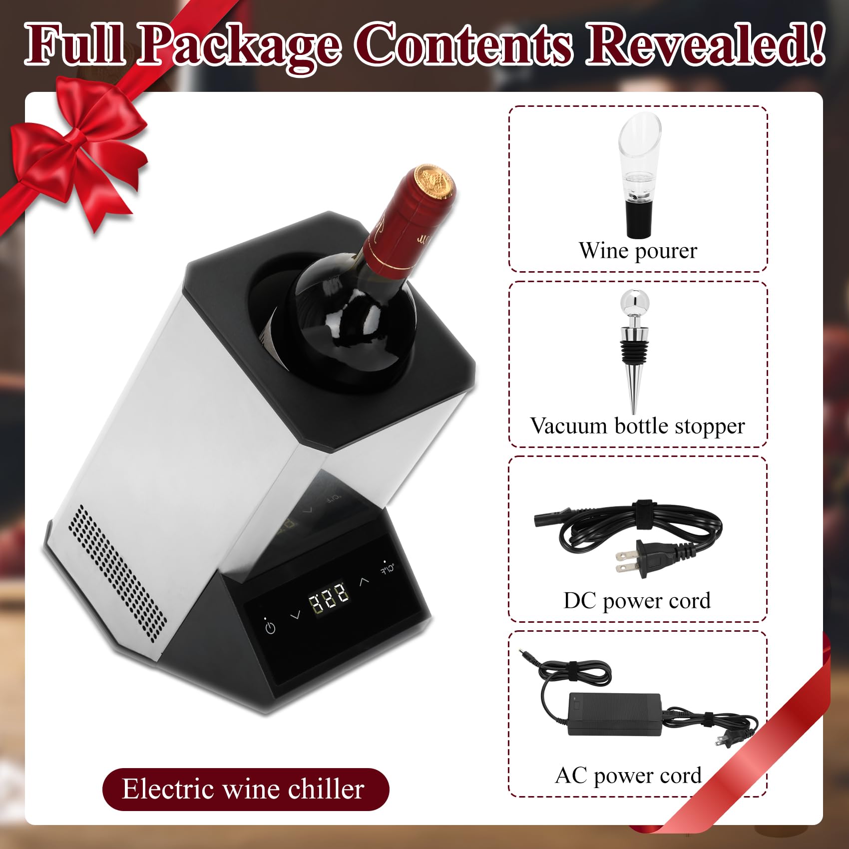 Enfriador de vino eléctrico de una sola botella, enfriador portátil sin hielo de alta calidad de 24 horas, acero inoxidable para vino/champán de 750 ml, esencial para fiestas en el patio trasero
