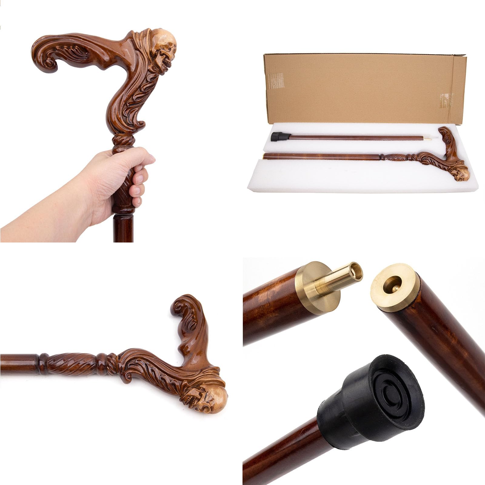 Bastón de Madera Natural,Elegante bastón de Madera Tallada | Bastón Ergonómico Antideslizante Madera Clásica Aluminio Ajustable Ligero, Resistente Extensible Ideal para Adultos Mayores