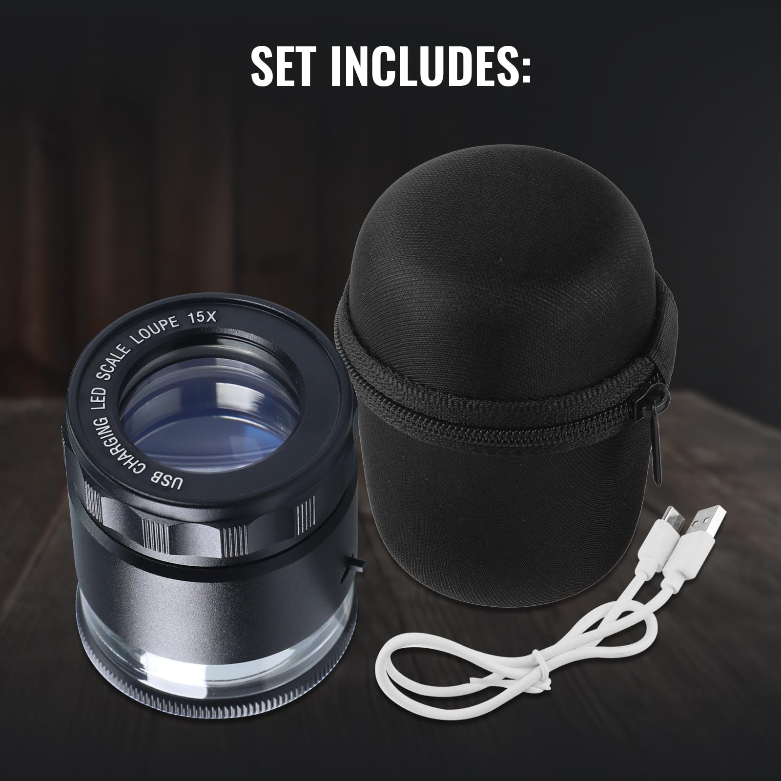 Lupa de joyería de 15 aumentos con luz LED, lupa de metal recargable por USB con escala de retícula desmontable, área de visión de 25 mm, lupa de ojo de enfoque ajustable para joyas, gemas, monedas y