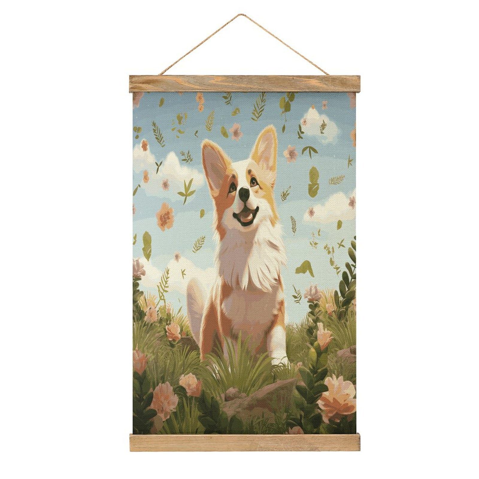 FekiLoot Lovely Corgi Wall Art Poster Hanger Frame Linen Wall Art Decor Vintage Hanging Poster Hanging Wall Decor Rustic Retro Wall Art Print for Living Room Decor 20.4 X 13.1Inches