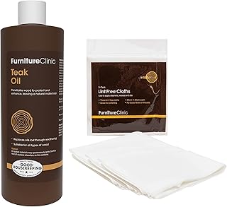 Furniture Clinic 17 Fl Oz Teak Oil + 3 Pack Lint Free Cleaning Cloths | Wood Oil Protects & Cleans Outdoor & Indoor Furniture, Boats, Shower Benches | Restore & Prevent Drying & Other Damage