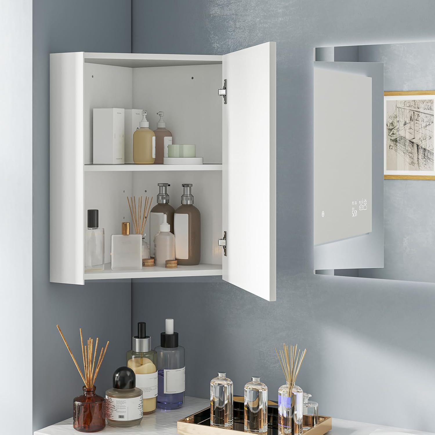 Tangkula Corner Medicine Cabinet with Mirror, 23.5" Wall Mounted Storage Cabinet Organizer with Left/Right Open Mirror Door & Adjustable Shelf, Small Bathroom Corner Cabinet for Small Spaces (White)