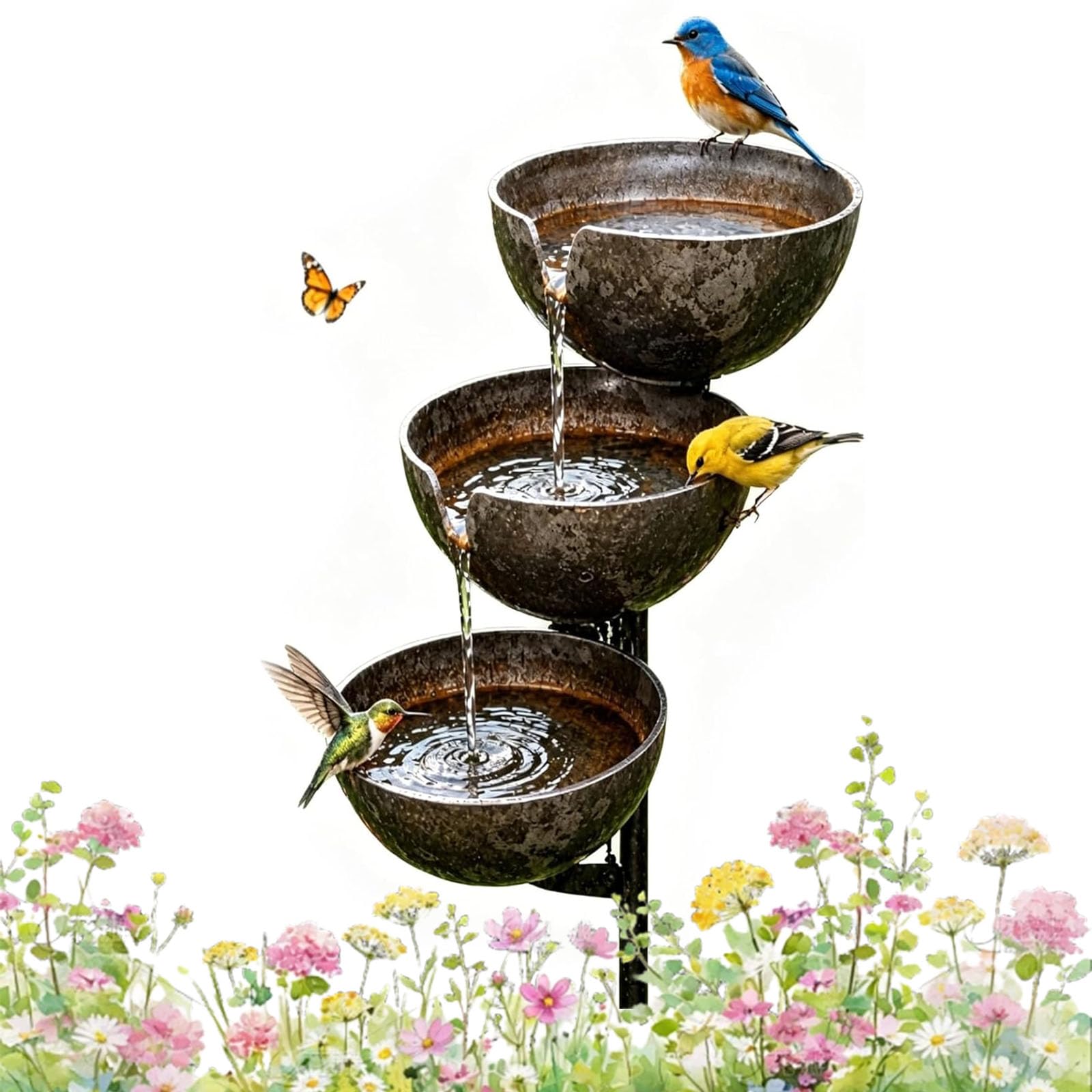 Rain Catcher Bird Bath Stake, 3 Tier Bird Bath, Self Filling Cascading Rain Catcher Birds Bath, Bronze Metal Garden Ornament for Outdoor Rainwater Collection, 68 × 12 × 5 cm (1PC)