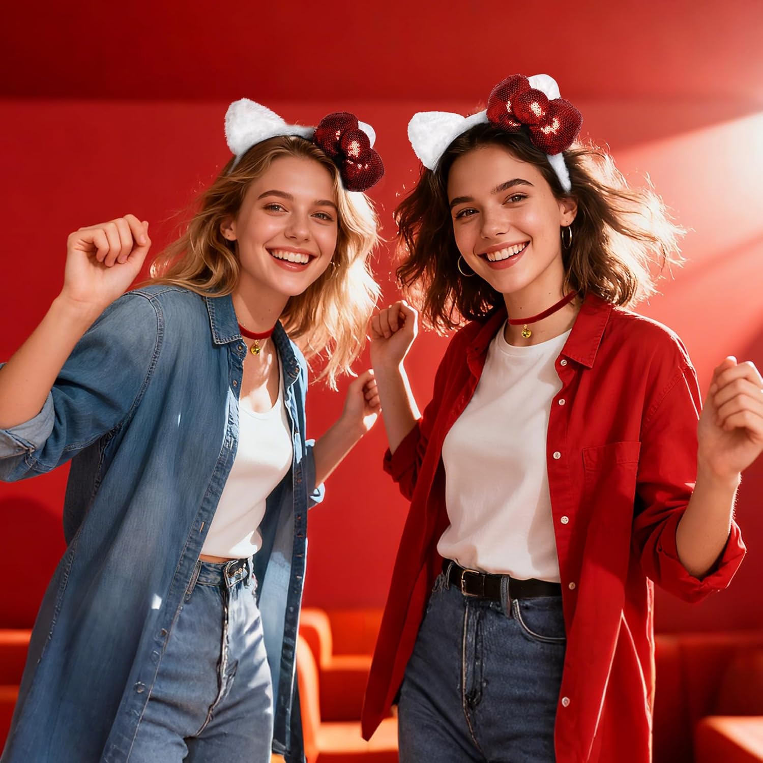 Cat Women Costume Accessories, White Cat Ears Headband Red Velvet Necklace with Bell Halloween Costume Accessories for Adult Women Cosplay Party - Image 3