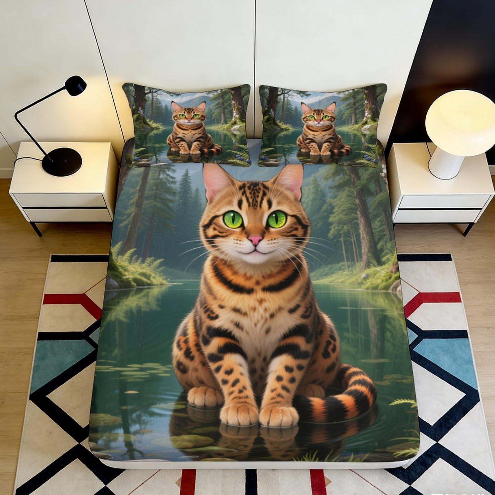 3D Printed Bengal Cat Fitted Sheet Microfiber Soft Breathable Forest Lake Bed Cover for Bedroom Dormitory Guest Room Mattress Protection Decor 140x200x25cm