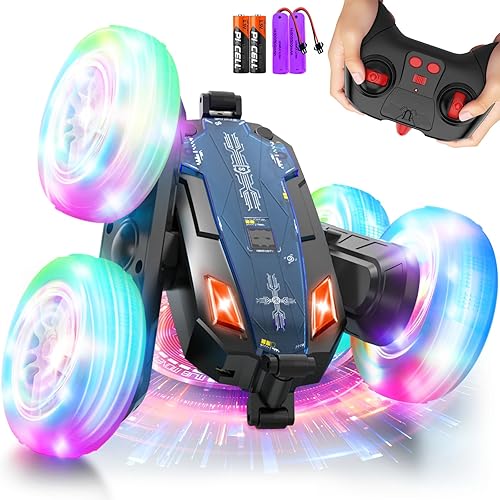 Auto de acrobacias con control remoto, nuevo auto actualizado de 2.4 GHz 4WD de doble cara giratoria de 360 con faros delanteros y luces de rueda,