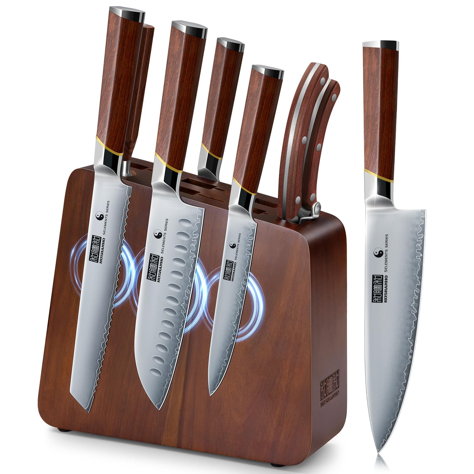 HOSHANHO 8-piece knife set with magnetic block, red sandalwood handles, sharpener and shears