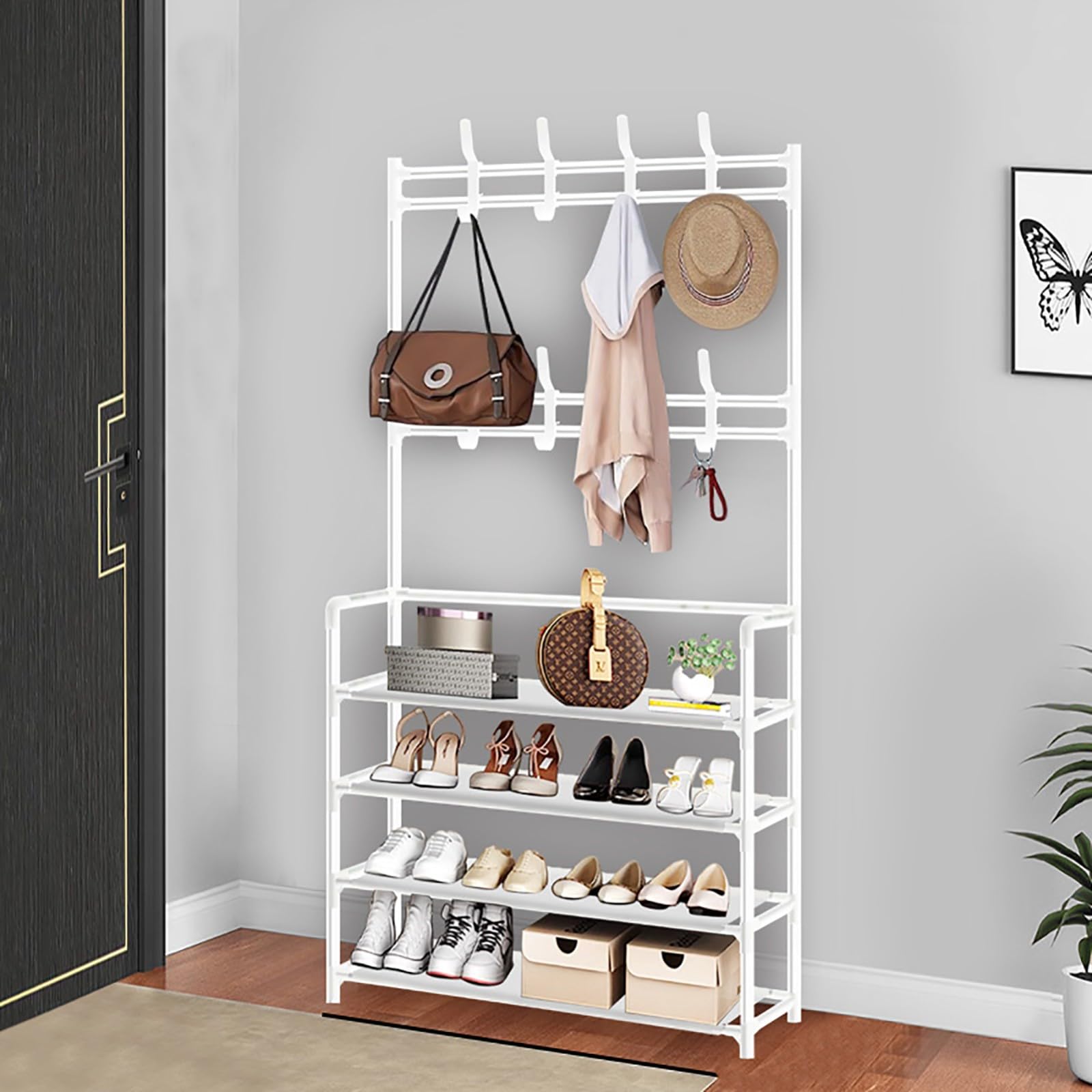 HaoJieHan Coat and Shoe Rack, 4 Tiers Shoe Rack, Coat Rack with Shoe Storage Coat Rack Freestanding with 8 Hooks for Bedroom, Hallway, Office white,155x80x26cm