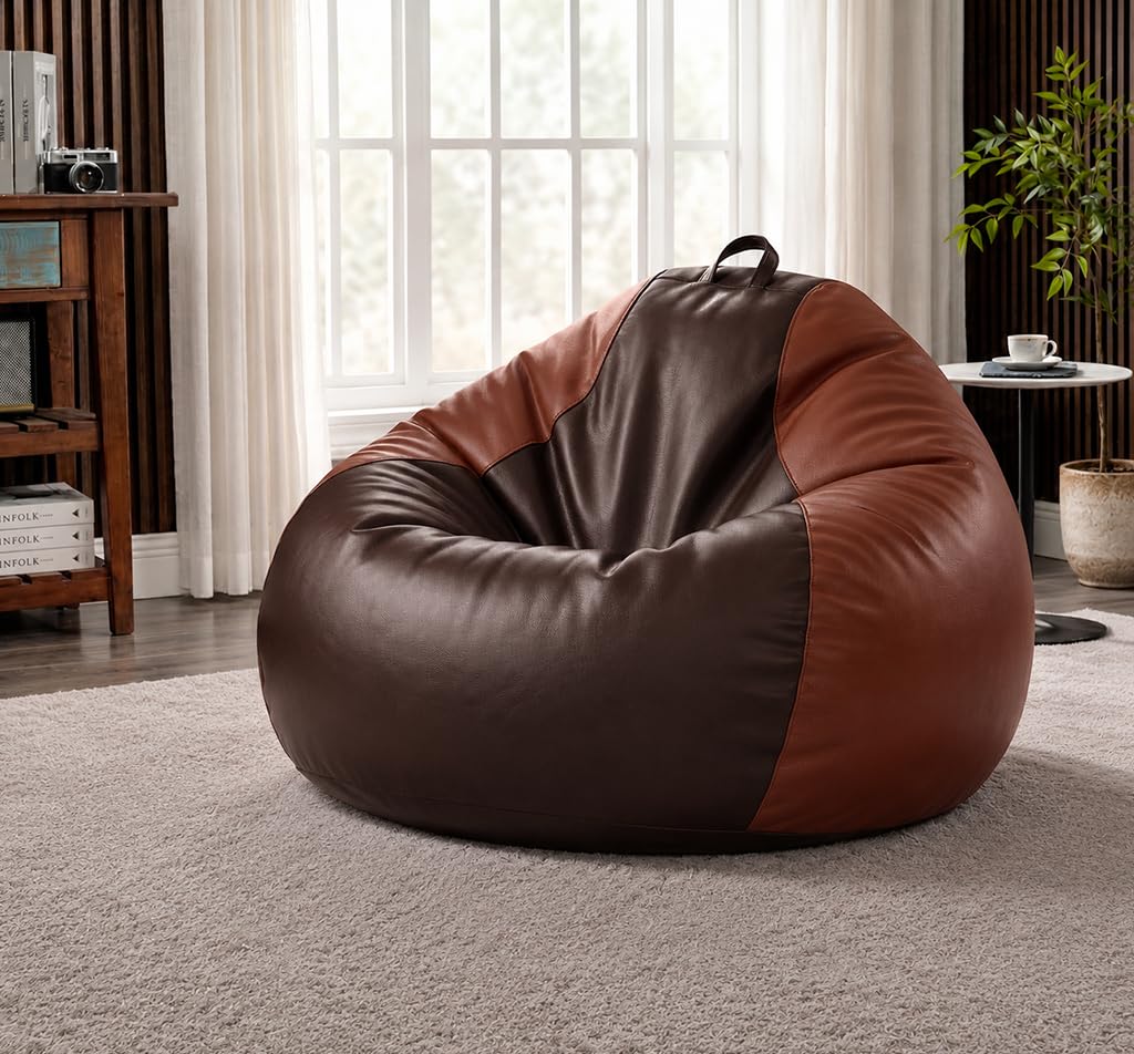 Sattva Classic 2XL Bean Bag Chair with Beans Filled | Faux Leather Sofa Style Beanbags for Living Room | Pre-Filled Bin Bag Sofa for Adults & Kids | Beam Bag Seating for Home & Office - Brown & Tan-picture-25