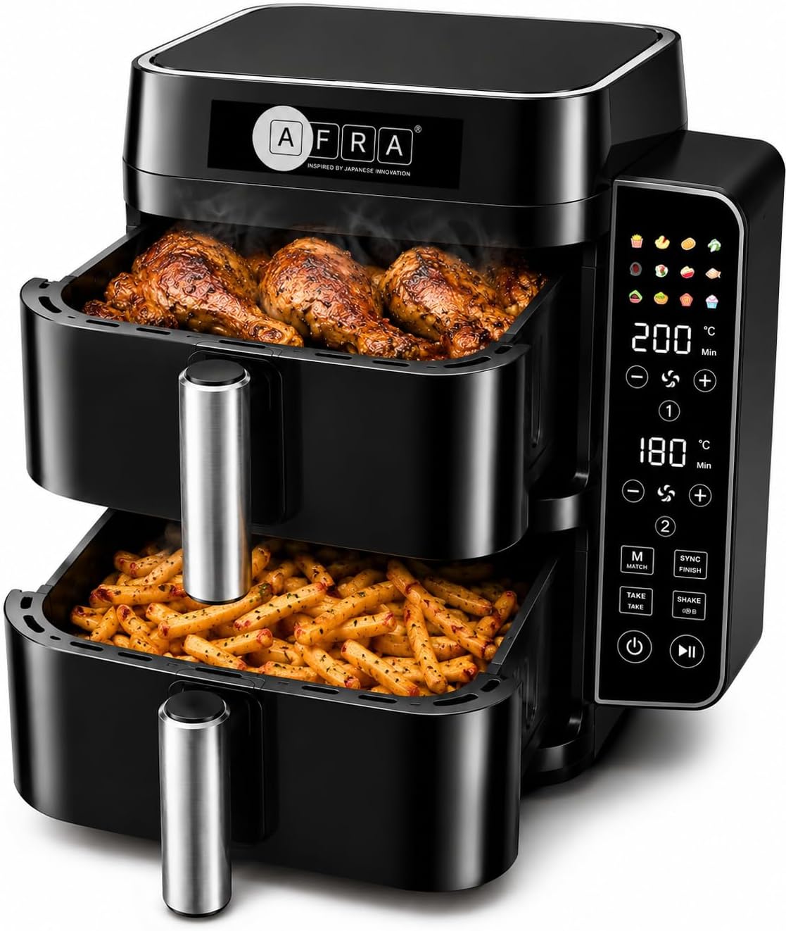 AFRA 9L Dual Zone Air Fryer 2400W, Double Stack Air Fryer with 2 Drawers, 11 Presets, Sync & Match Cooking, Adjustable 140–220°C Temperature Control, Black