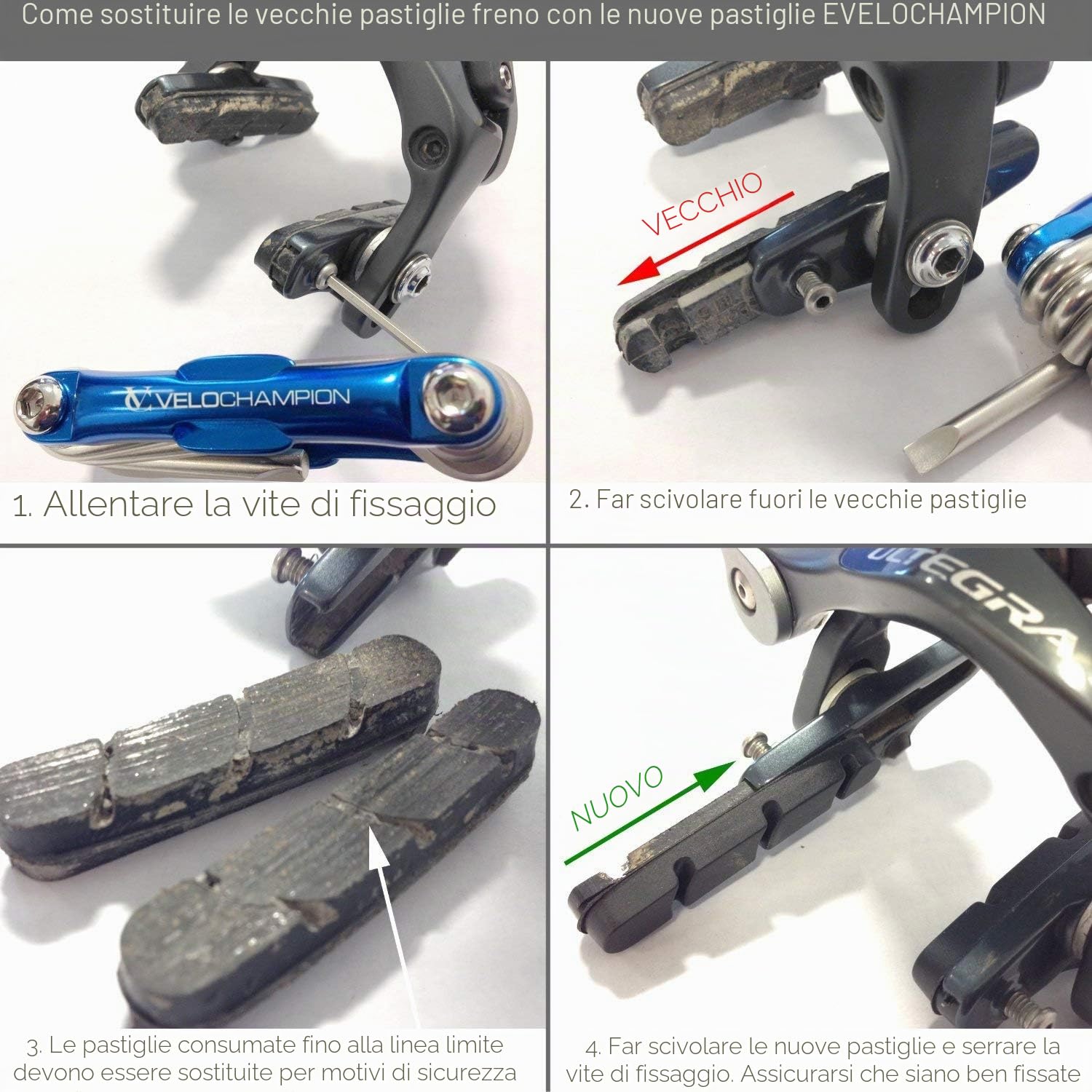 VeloChampion Pastiglie Freno per Bicicletta Compatibili con Shimano/Sram | Pattini Freno Bici per Cerchi in Carbonio | Inserti Freno con Dura Ace, Ultegra, 105