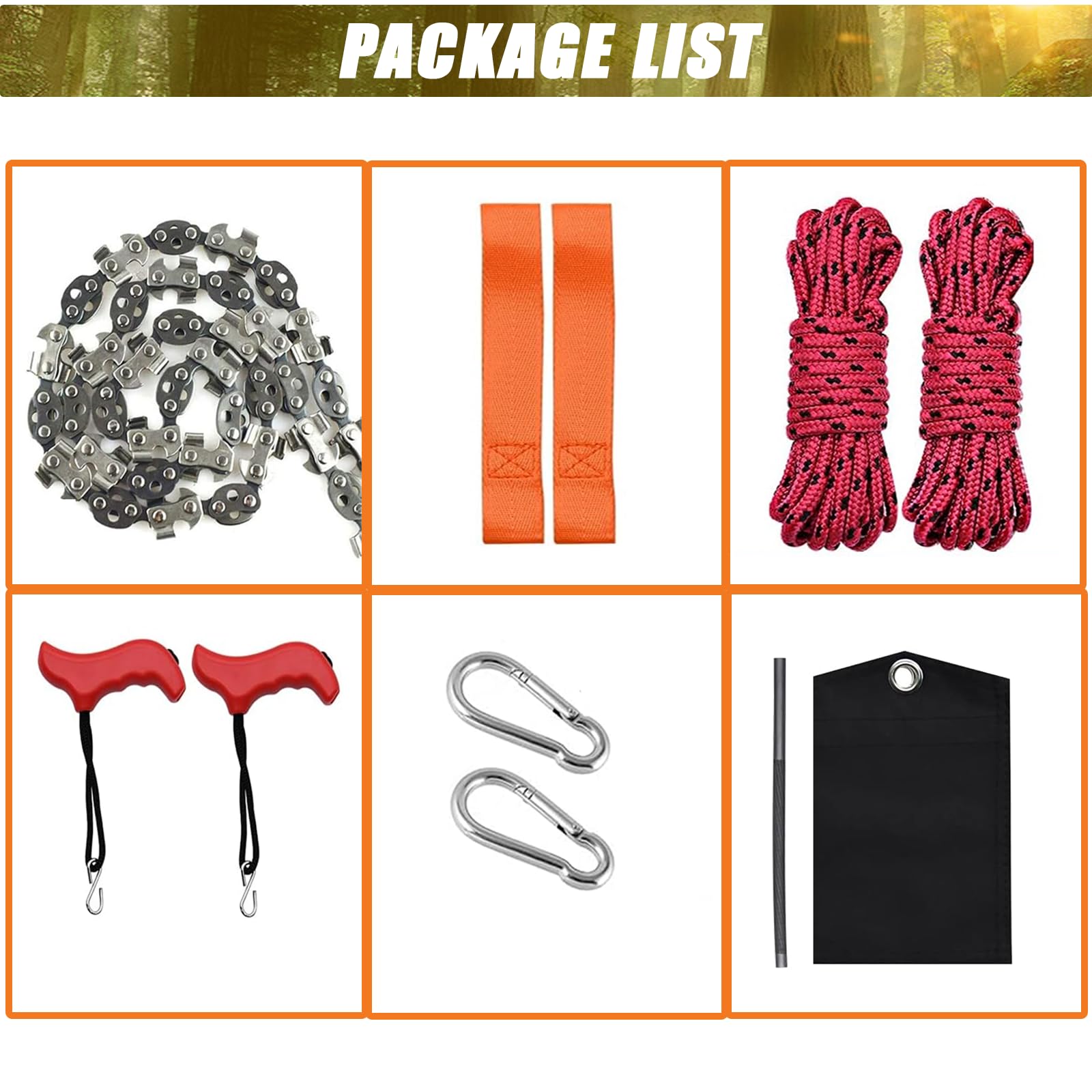 Scie à chaîne manuelle de 133 cm, scie à chaîne pour membre d'arbre haut avec 68 dents, pliante, cordes, sangle, crochet en S, mousqueton, aiguiseur, sac en tissu, tronçonneuse à main pour jardin et