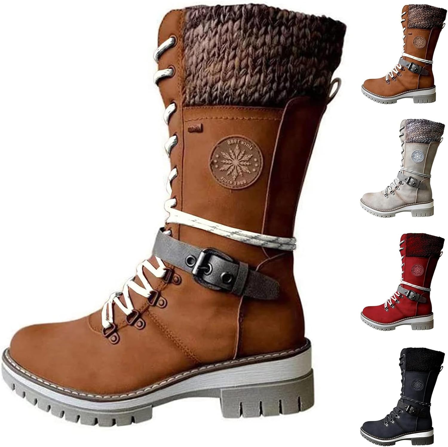 Winter Boots for Women Buckle Lace up Boots Non Slip Chunky Low Heel Hight Booties Mid Calf Boot Non-Slip Outdoor Booties