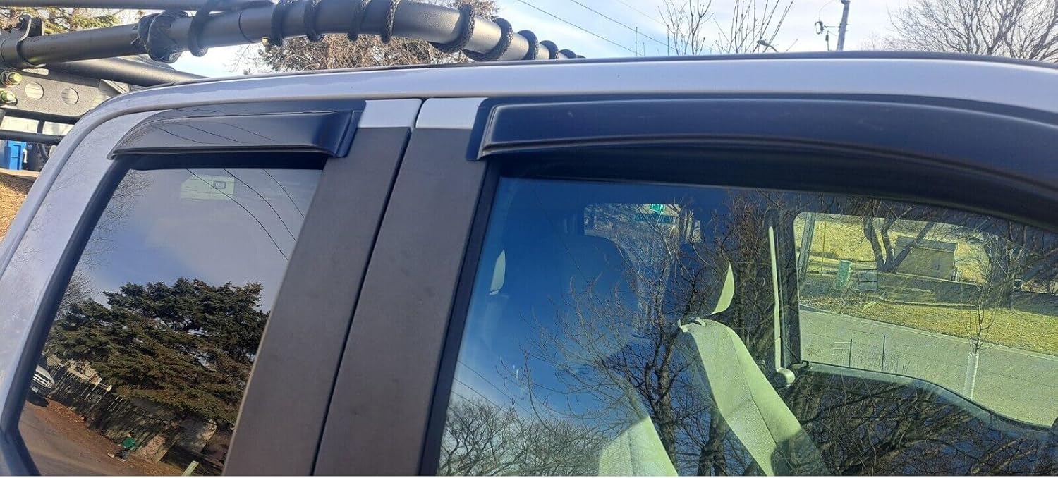 IKON MOTORSPORTS Tape On External Window Visor, Compatible with 2015-2025 Ford F150 2017-2025 F250 F350 F450 Extended Super Cab, Slim Style Acrylic Black Sun Rain Guards Cover