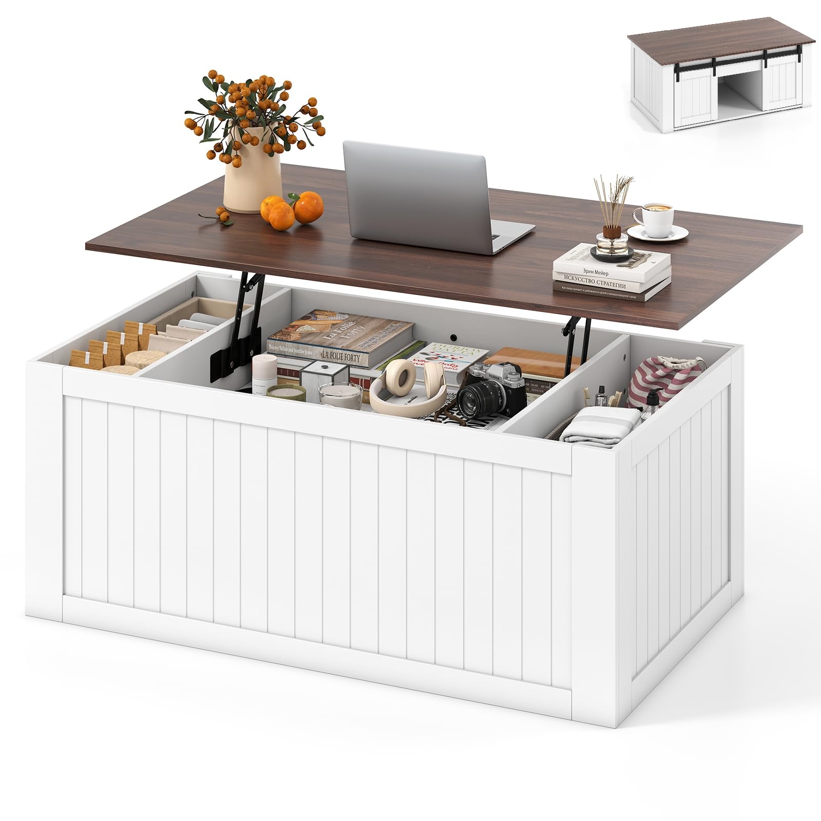 COSTWAY Lift Up Top Coffee Table, 120cm Farmhouse Tea Table (White+Brown)