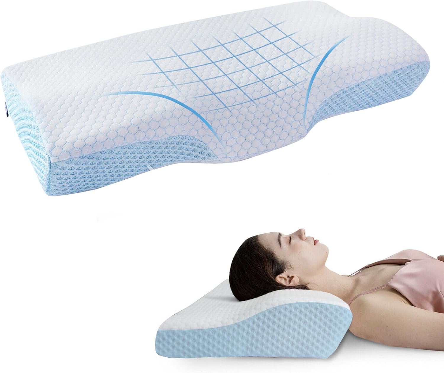 DR.DREAM Memory Foam Pillow for Sleeping, Cooling Gel Contour Bed Pillow for Neck Shoulder Pain Relief, Cervical Orthopedic Pillow Butterfly-blue