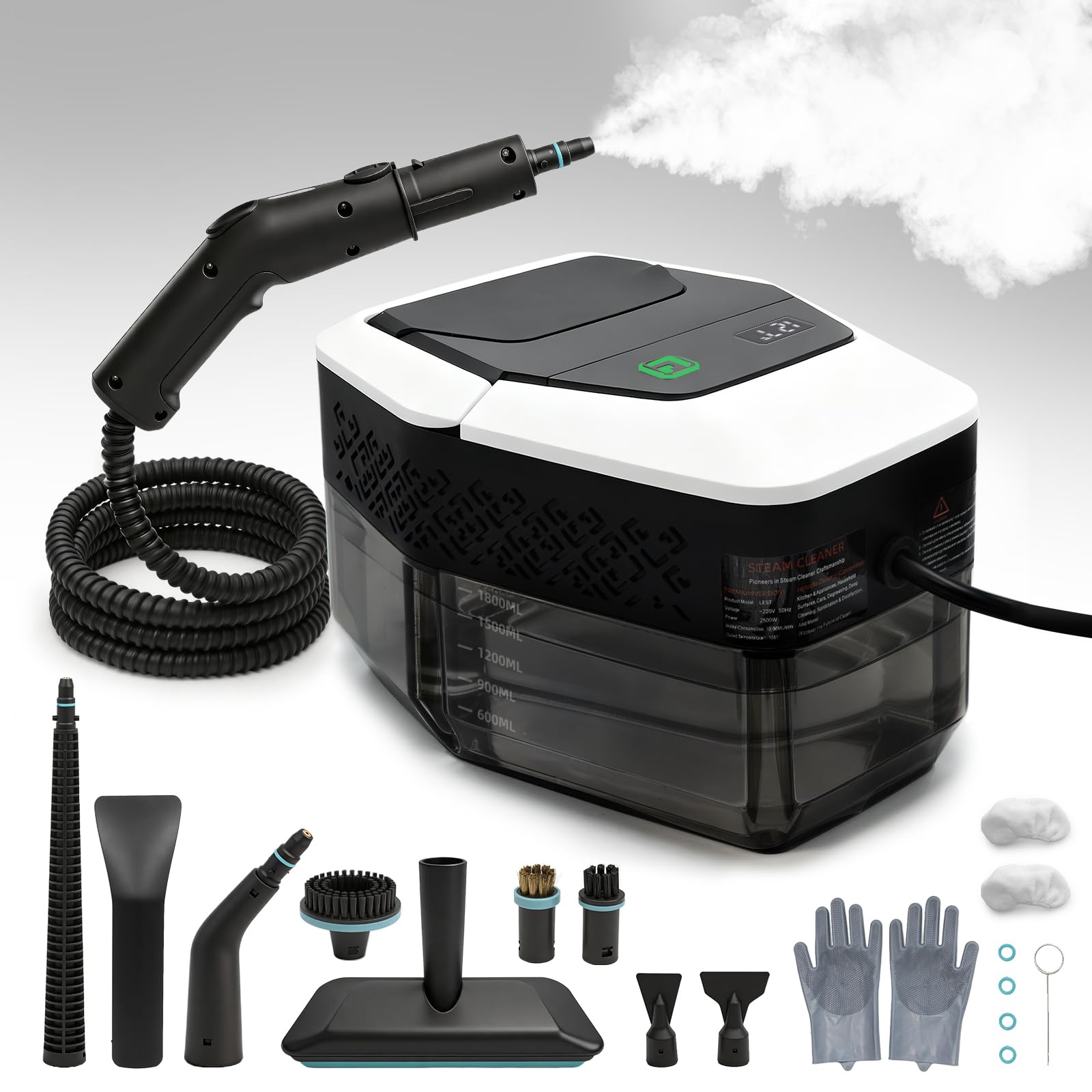 Pulitore a vapore portatile portatile, Vapore ad alta pressione 4bar, Riscaldamento rapido 15s, Manico regolabile a 3 livelli, Serbatoio grande da 1800 ml, 20 accessori per casa, dettagli auto, malta