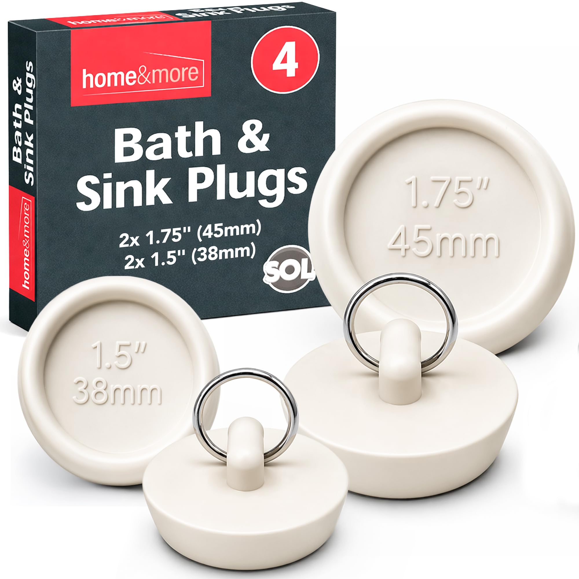 SOL 4pk Kitchen Sink Plugs, 3/4 Inch and 1/2 Inch White Universal Bath Plug UK Stopper for Kitchen Basin and Bathroom Bathtub, Durable Rubber, Leak-Proof, Preventing Leaks and Ensuring a Tight Seal