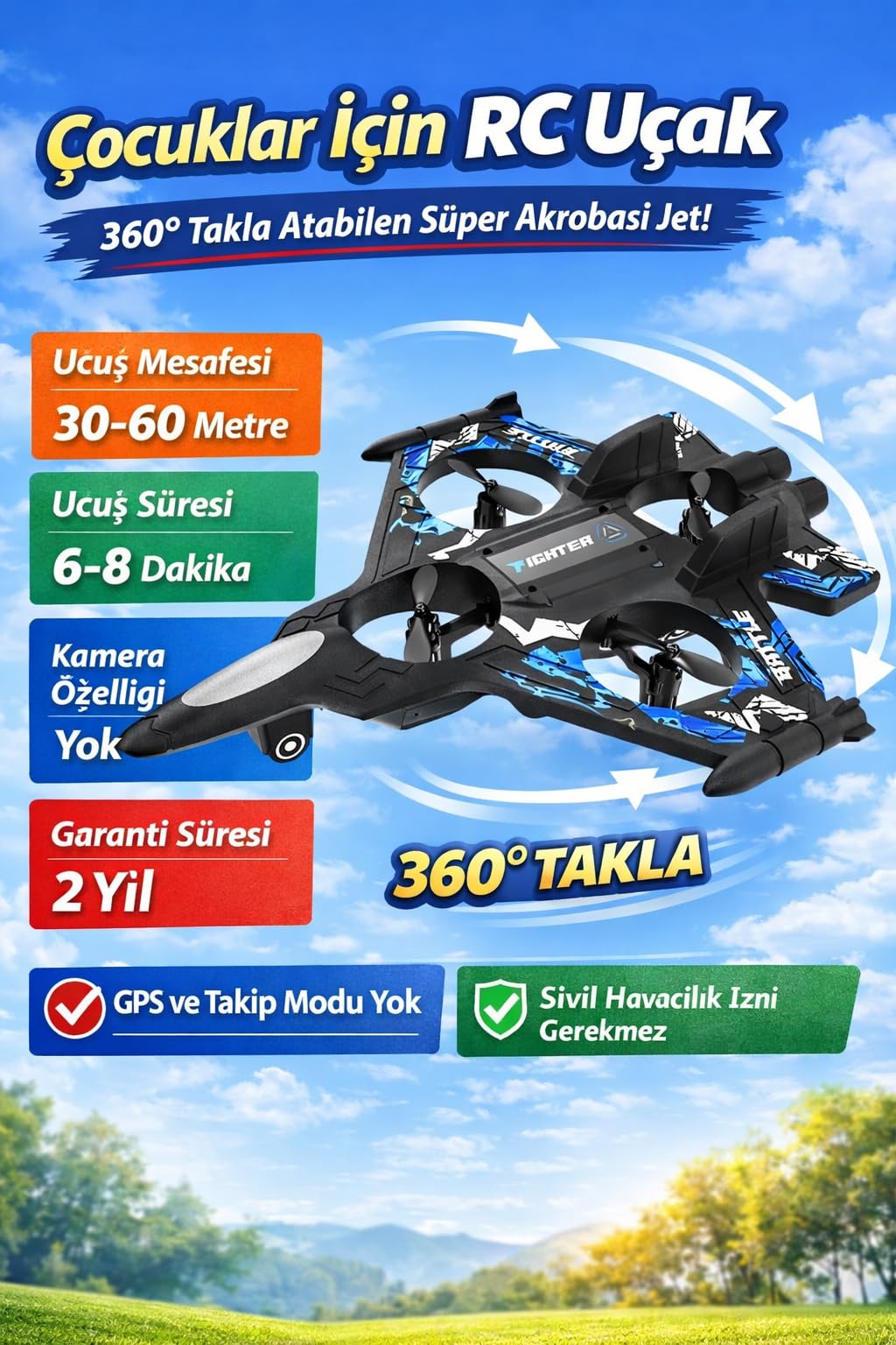 Uzaktan Kumandalı Sünger RC Uçak, Çift Kontrol Sistemi, LED Işıklı, Otomatik Dönüş Özellikli, 360° Akrobasi, EPP Malzeme, 3.7V 400mAh, 40 Metre Menzil, Çocuklar için