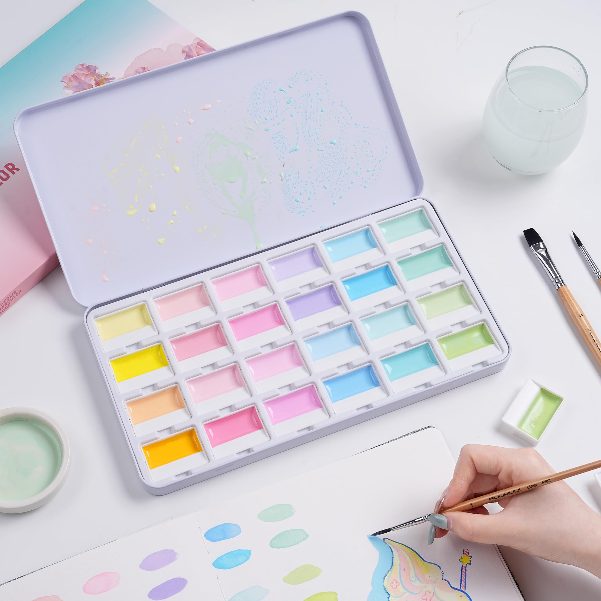Aquarellfarben Set - 24 Premium Deckende Pastell-Wasserfarben, Macaron-Stil | Cremige Textur, Halbfeste Aquarellfarben, Aquarellkasten mit Mischpalette für Illustration, Journaling und Kreatives Malen