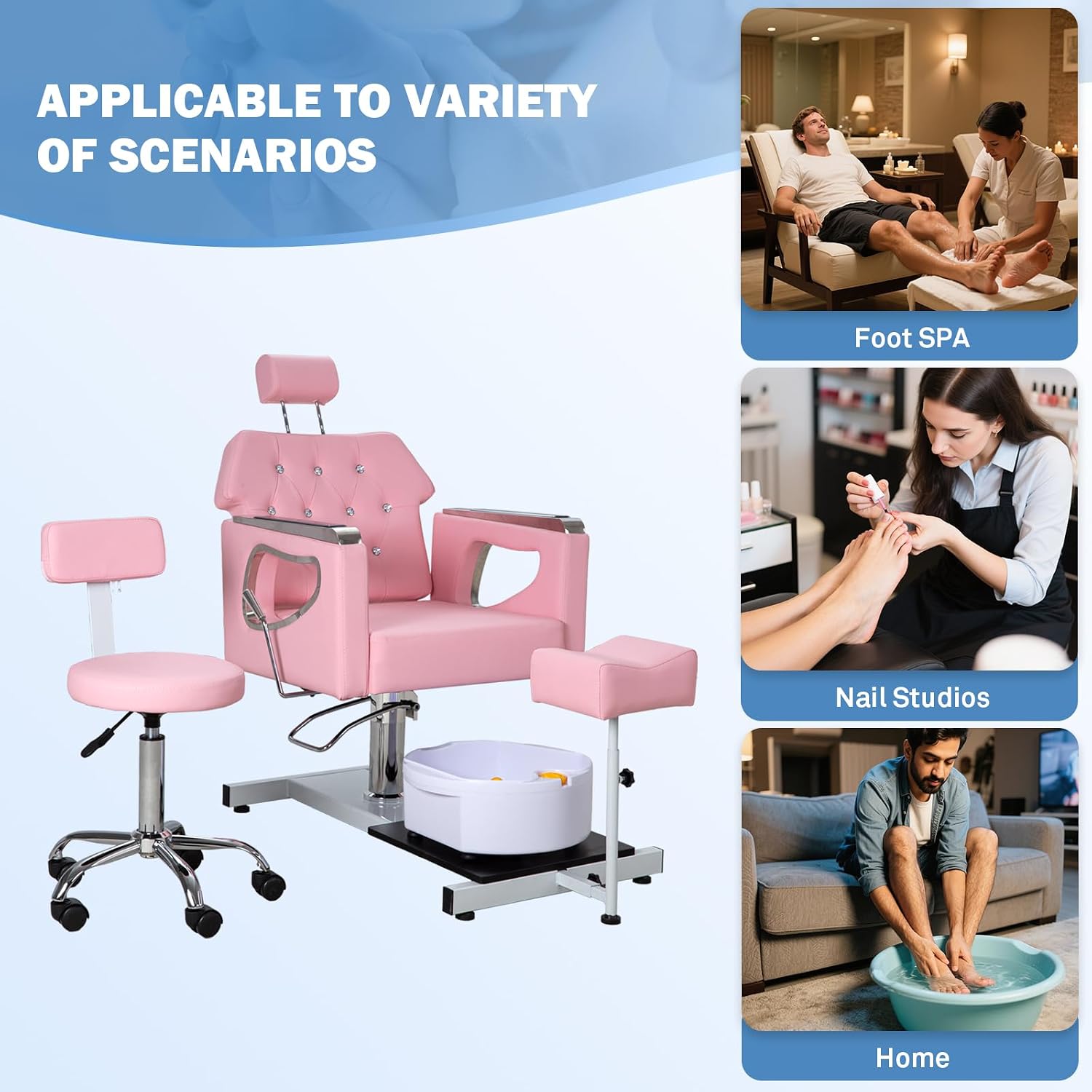 Pedicure Chair No Plumbing, 360° Swivel Hydraulic Reclining Pedicure Chair with Foot Spa & Adjustable Footrest, for Nail Tech, Spa (Pink)