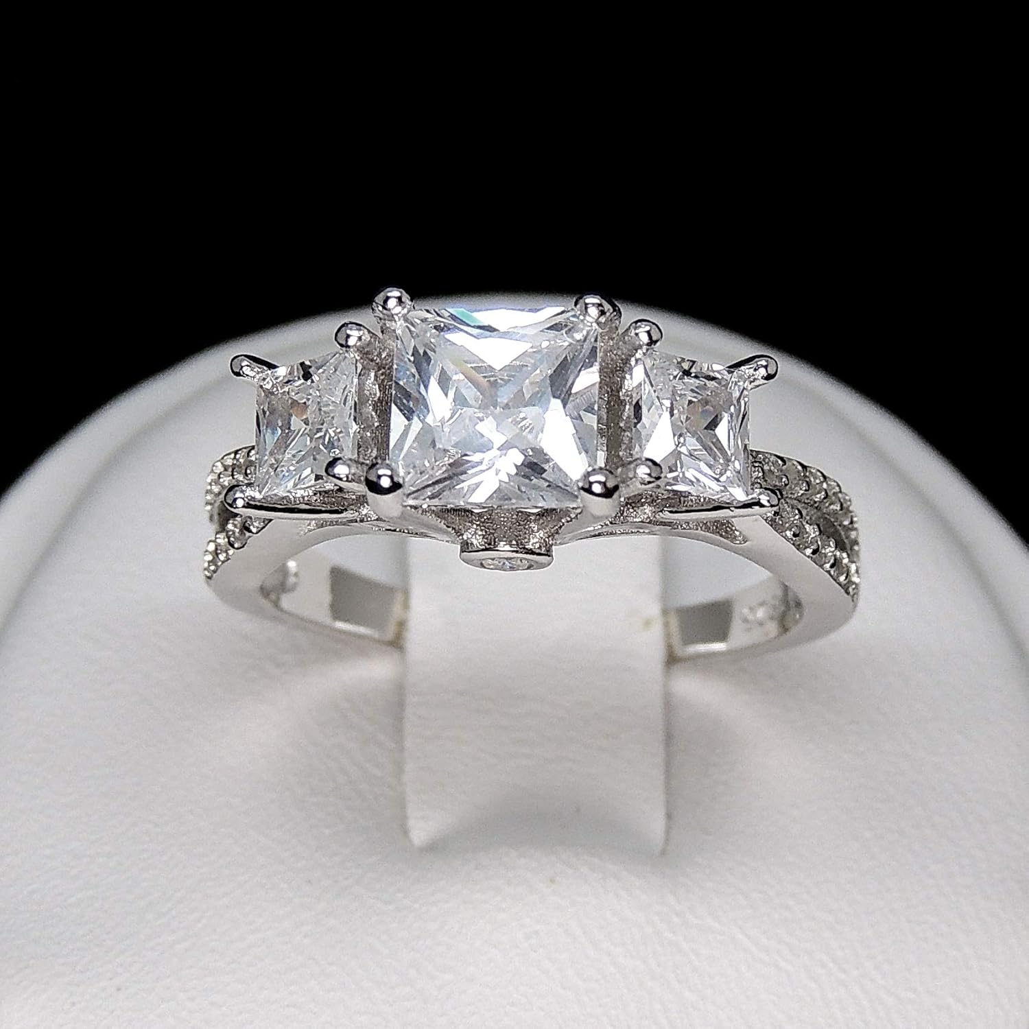 Kim Engagement Ring for Women by Ginger Lyne | 3 Stone Design Princess Cut Cubic Zirconia Sterling Silver Wedding Ring for Her | Bridal Jewelry for Wife or Girlfriend