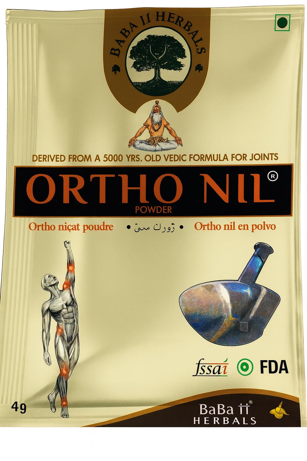 Ortho Nil Powder Ayurvedic Babaji Herbals Ortho nil Powder for Leg Muscle Joint Pain Arthritis Relief 4g each Pouch (28 Sachets)