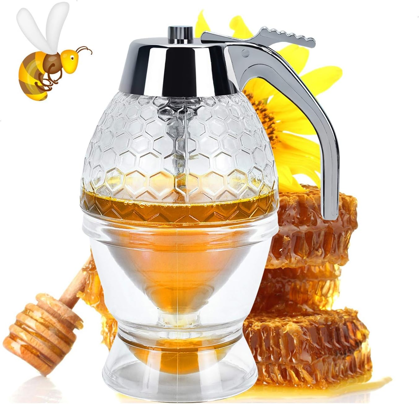 YoleShy Honey Dispenser No Drip Syrup Dispenser Container with Storage Stand and Stopper, 8 Ounce