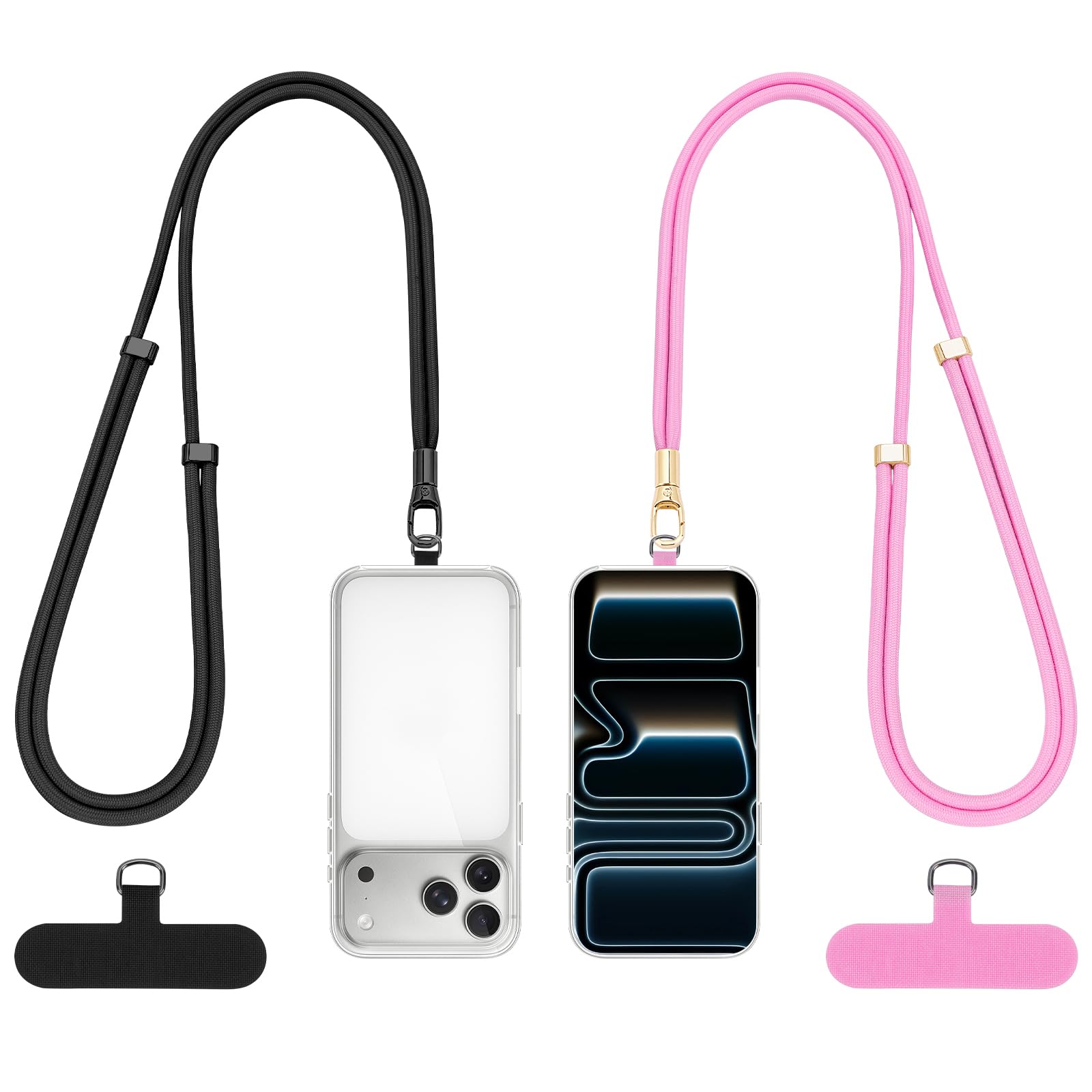 Dadanism Phone Lanyard 2 Pack, 2x Adjustable Crossbody Phone Strap, 2x Tether Tab, Anti-theft Universal Cellphone Multifuctional Patch Lanyards for iPhone & Most Smartphones, Black + Pink