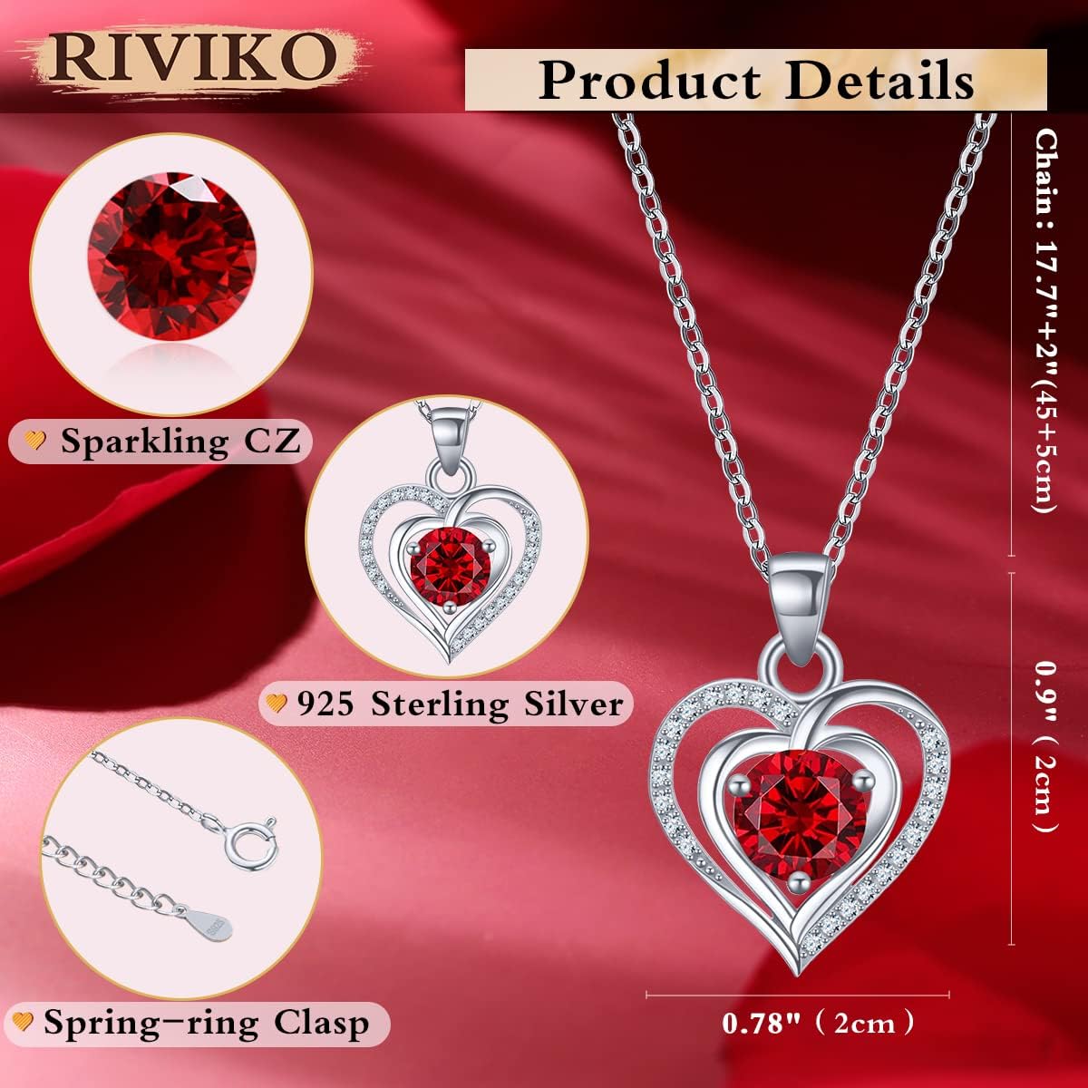 RIVIKO Heart Birthstone Pendant Necklace for Women 925 Sterling Silver Zirconia Necklaces Valentine's Day Anniversary Birthday Mothers Day Jewelry Gifts For Her Mother Wife - Image 5