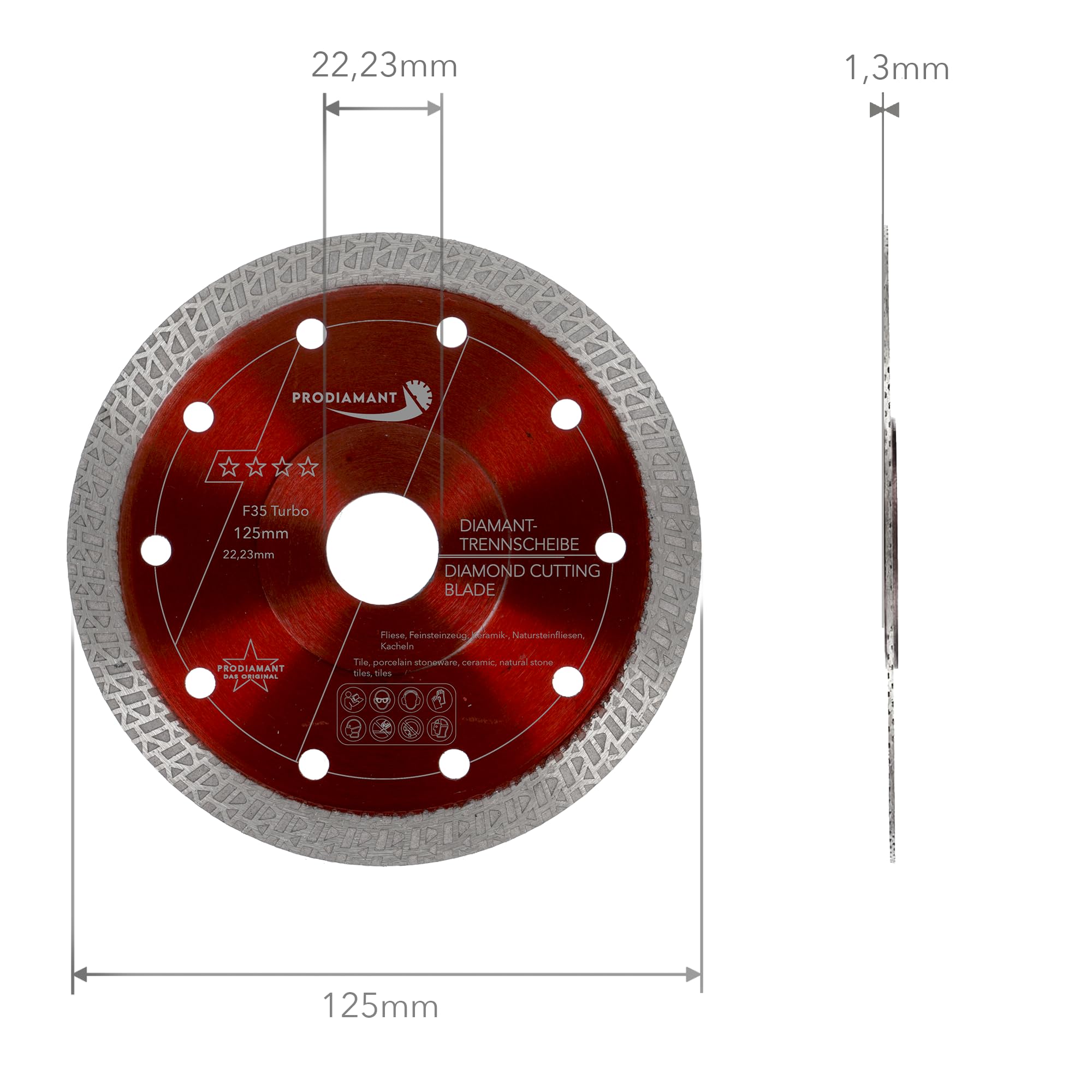 PRODIAMANT Disco de corte de diamante Premium para baldosas de gres fino 125 mm x 22,23 mm Disco para baldosas de 125 mm para amoladora angular