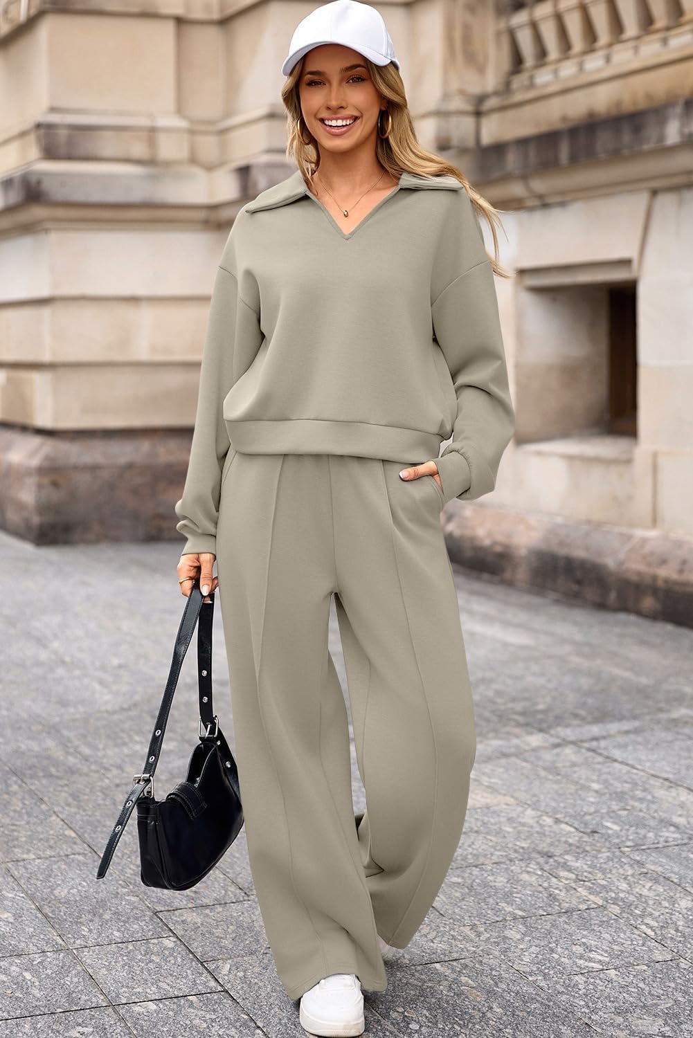 Aleumdr Womens 2 Piece Outfits Fall Lounge Set Sweatsuit Long Sleeve Tops Wide Leg Pants with Pockets Travel Outfit - Image 4