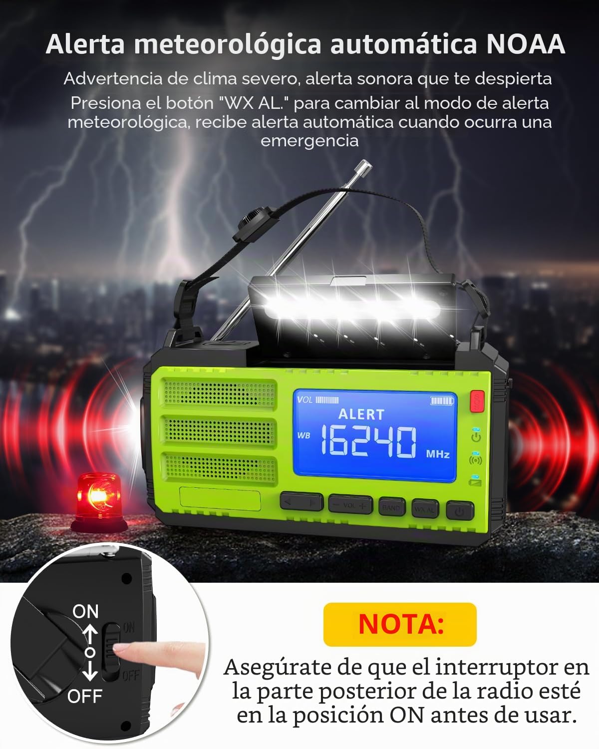 Radio de emergencia de manivela de 10000 mAh/37000 mWh, radio de alerta meteorológica AM FM NOAA, portátil, solar, 4 métodos de carga, linterna de 3 modos, lámpara de lectura, alarma SOS, cargador de