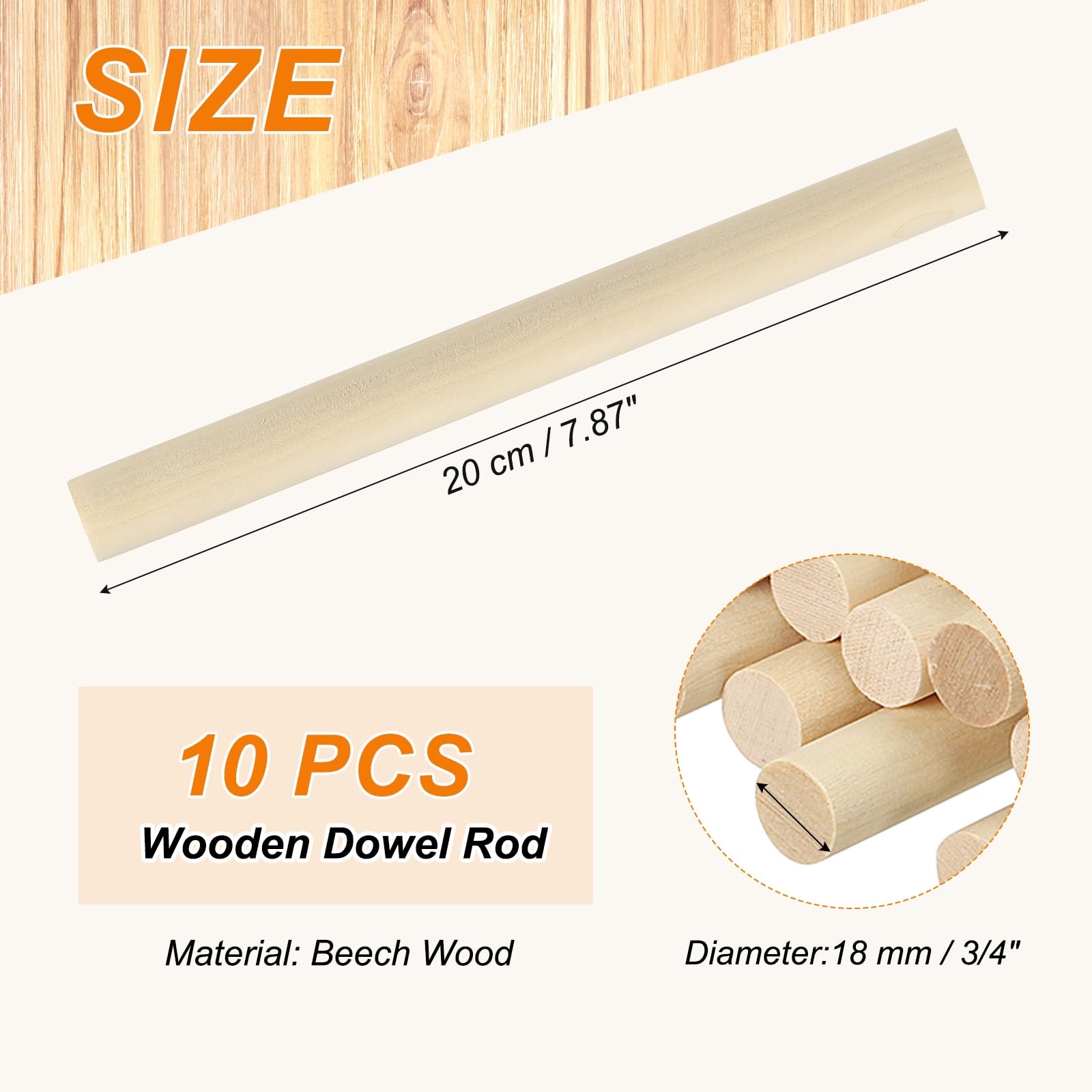 PATIKIL 3/4 x 8 Inch Wooden Dowel Rod 10 Pcs Wood Dowels for Craft Natural Color - Image 2