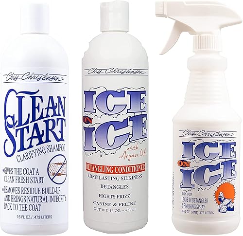 Chris Christensen Paquete de champú y acondicionador para perros de 16 onzas, champú clarificante Clean Start + acondicionador desenredante de hielo