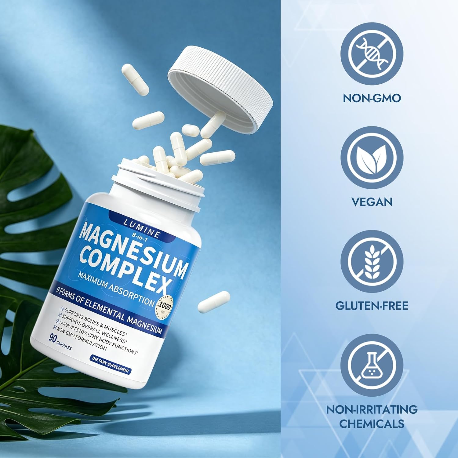 LUMINE Magnesium Complex Supplement 1000 mg, 8-Form Magnesium Blend with Glycinate, Citrate, Malate, Taurate, Orotate, Aspartate, Oxide & Chelate, 90 Capsules
