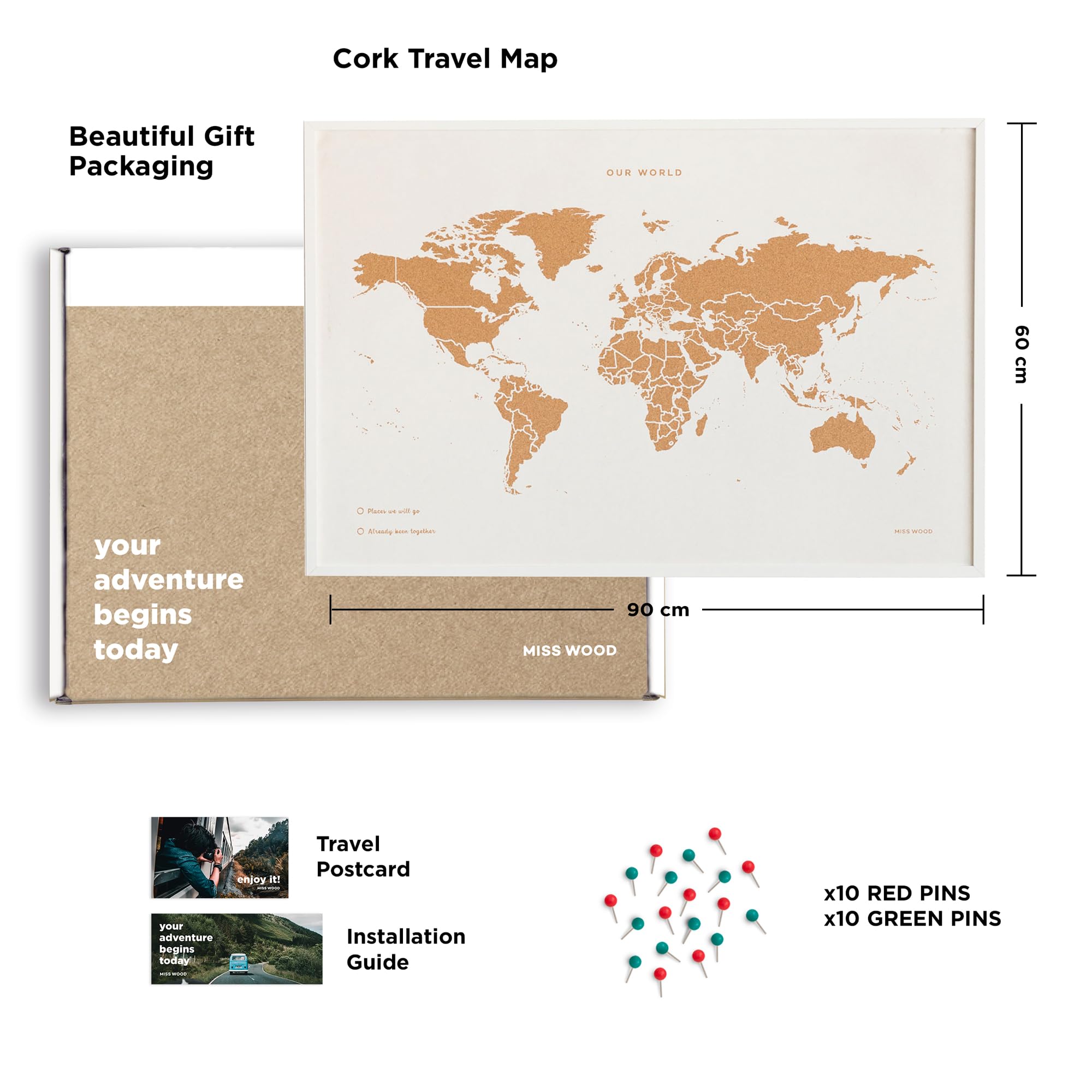 Mapa del Mundo de Corcho Special Edition con Marco 90 x 60 cm (Blanco)