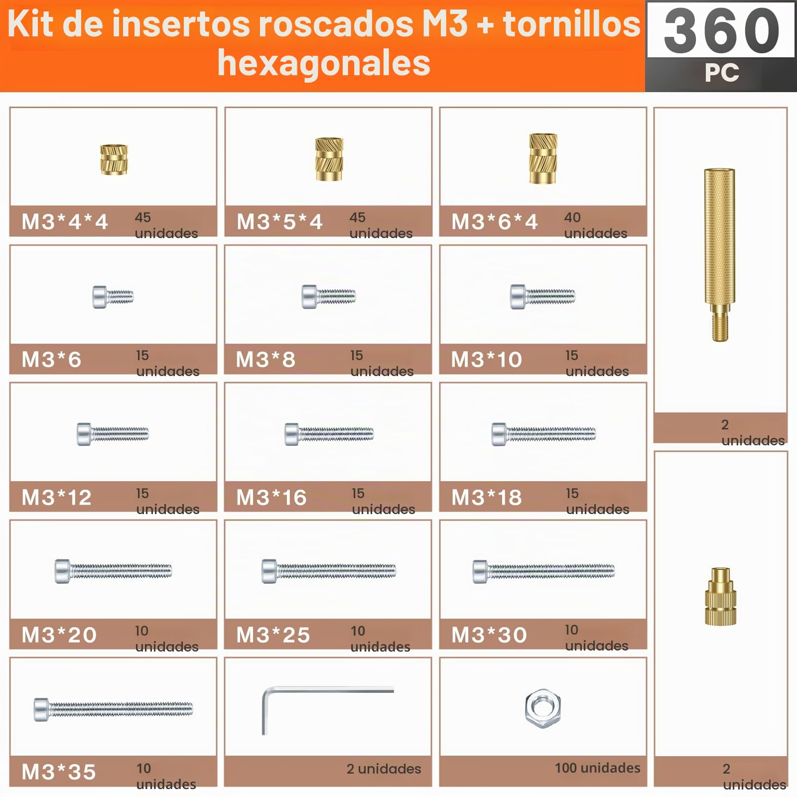 Inserto Roscado M3, Juego de Tornillos Roscados Preciva, Kit de Soldadura (200~500℃), 360 Piezas de Inserto Roscado Metálico M3 con Tornillos y Pernos Surtidos, Accesorios Compatibles con Impresoras