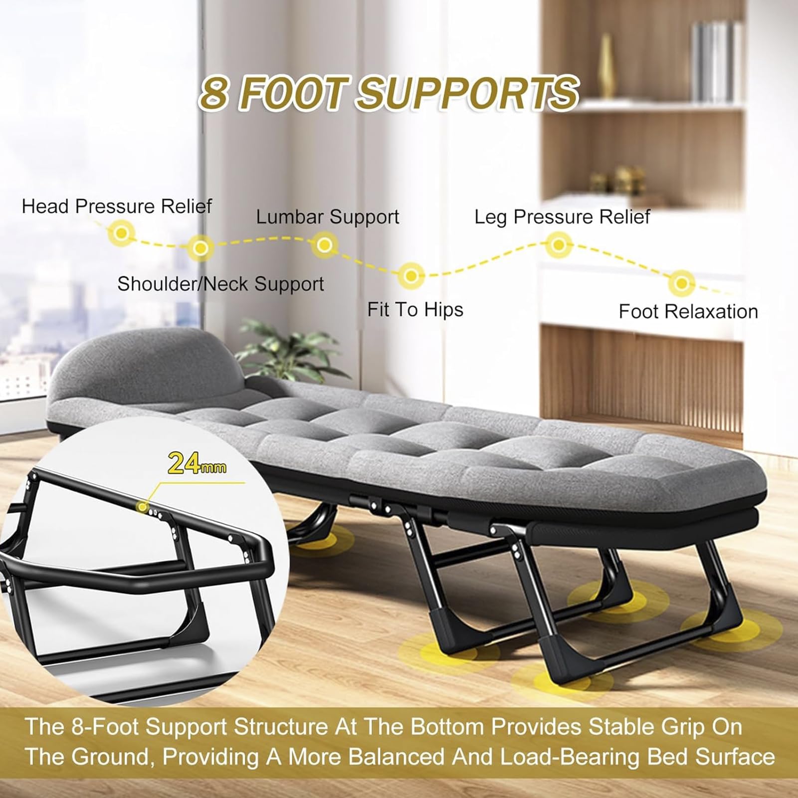 Lettino da Campeggio Pieghevole per Adulti con Materasso, Chaise Longue Portatile Regolabile in 6 Posizioni, Letto per Dormire Resistente per Esterni,Tende,Pesca,Picnic,Viaggi,Ospedale