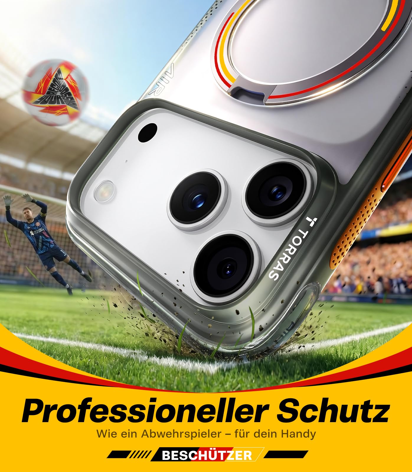 TORRAS Q3 Air 2026 Fußball Limitierte Auflage für iPhone 17 Pro Max hülle mit echtem Airbags Doppelter Schutz & 360° Magnetischer Robust Ständer, Iron