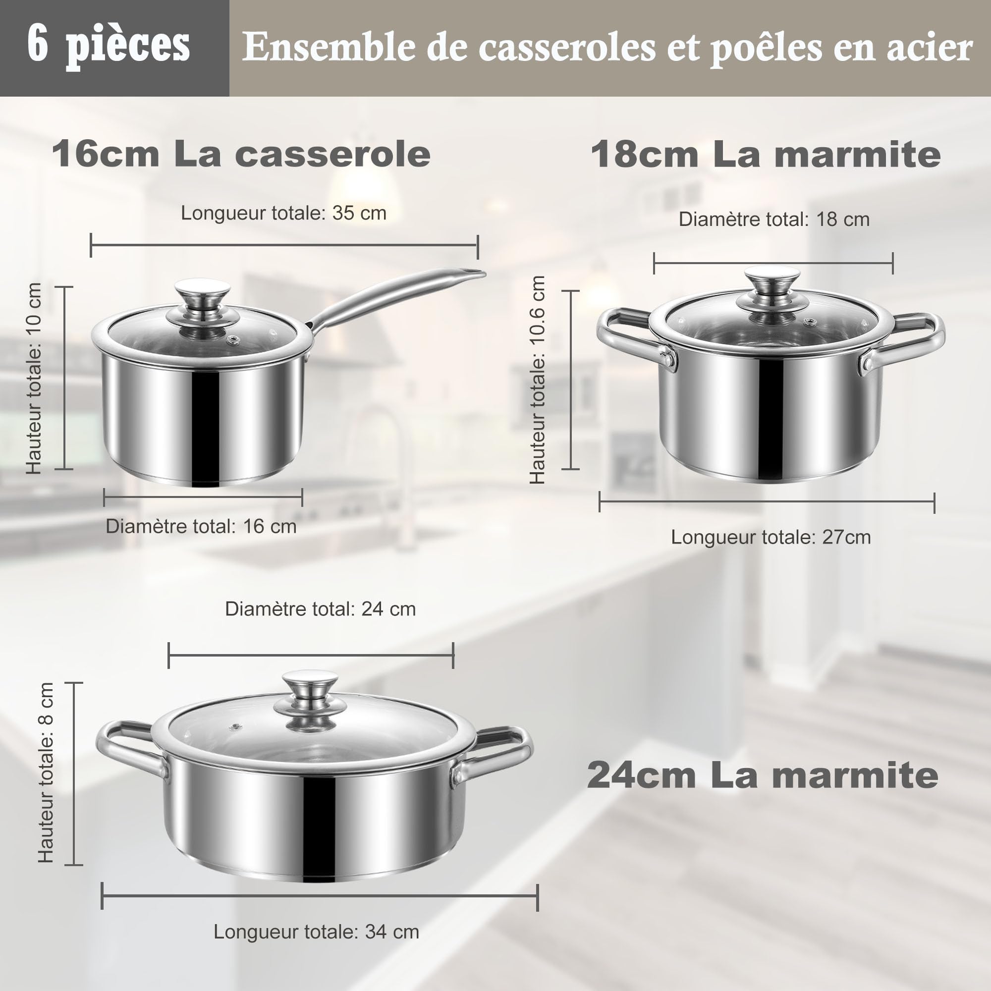 Ensemble de Casseroles et Poêles en Acier Inoxydable, 6 Pièces, Set de Batterie de Cuisine Antiadhésif Compatible Induction/Électrique et Gaz, Antiadhésif, Sûr au Four et Lave-vaisselle