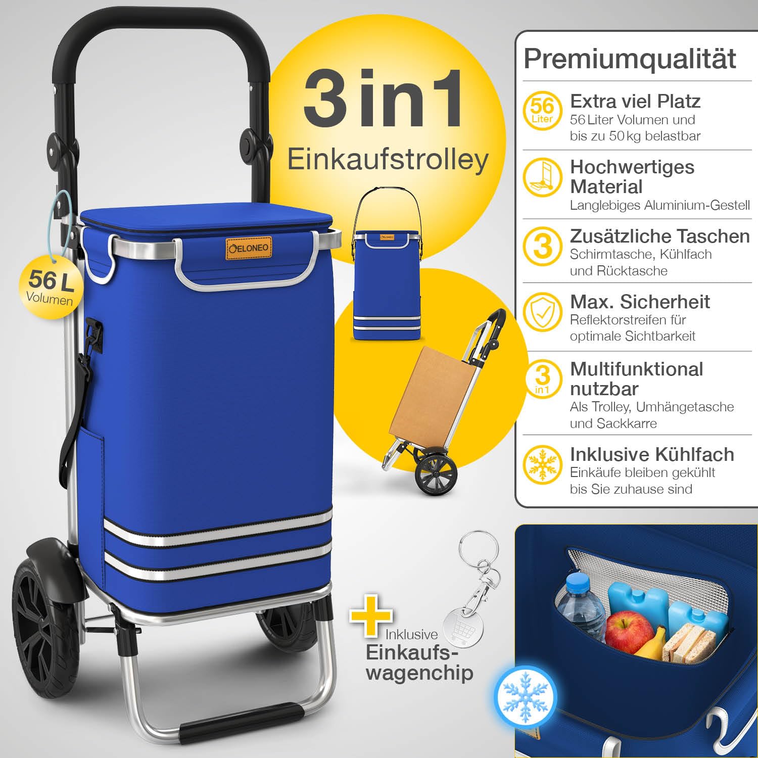 ELONEO Einkaufstrolley klappbar, Einkaufswagen mit Kühlfach, 3in1 Trolley, Sackkarre & Umhängetasche, Einkaufsrollwagen, Shopping Trolley 56L Kapazität & Einkaufschip, Hackenporsche Blau