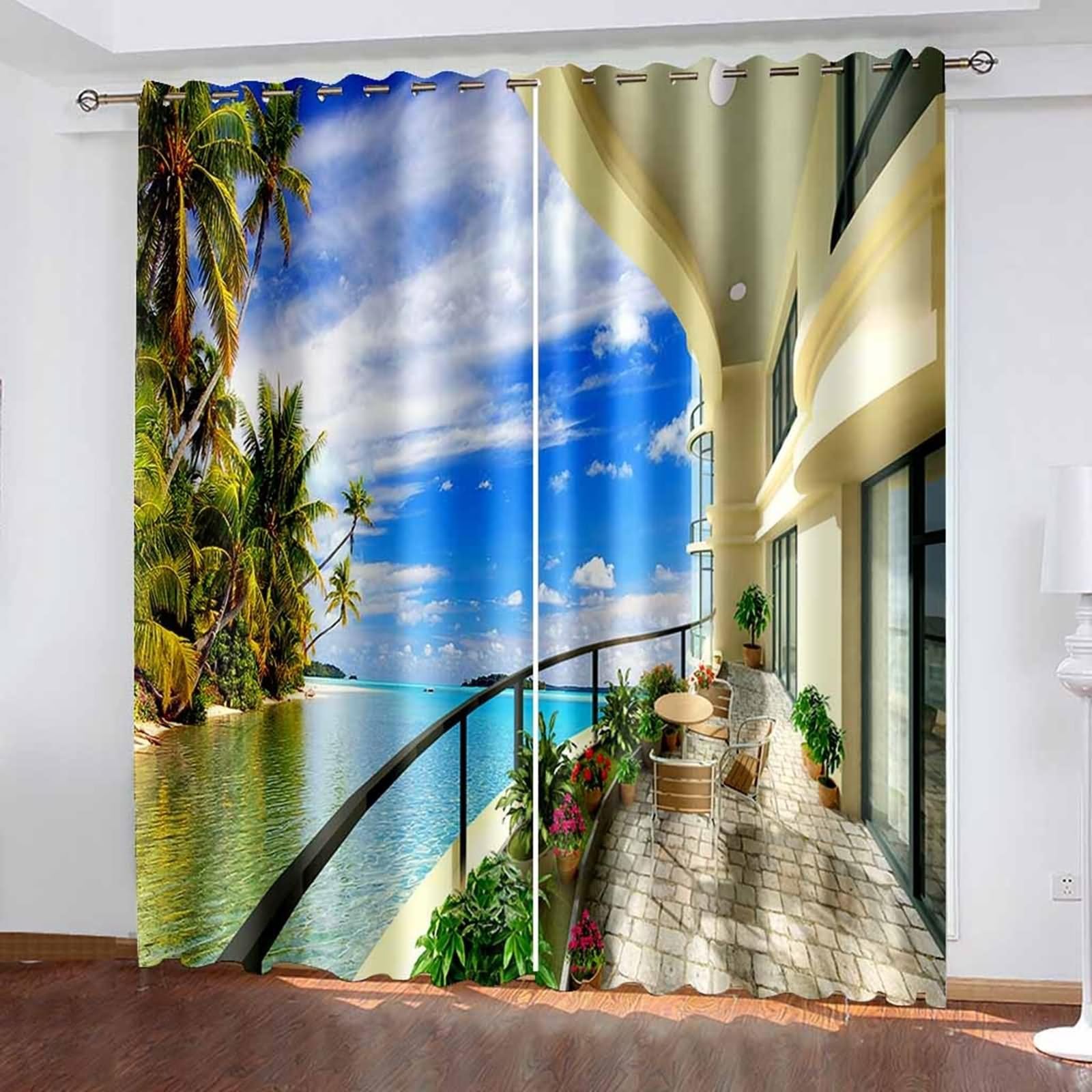 Zasłony do okien kuchennych, letnia zasłona do salonu niebieski zielony żółty balkon z widokiem na morze i drzewa kokosowe poliester zestaw 2 sztuk 192x183cm