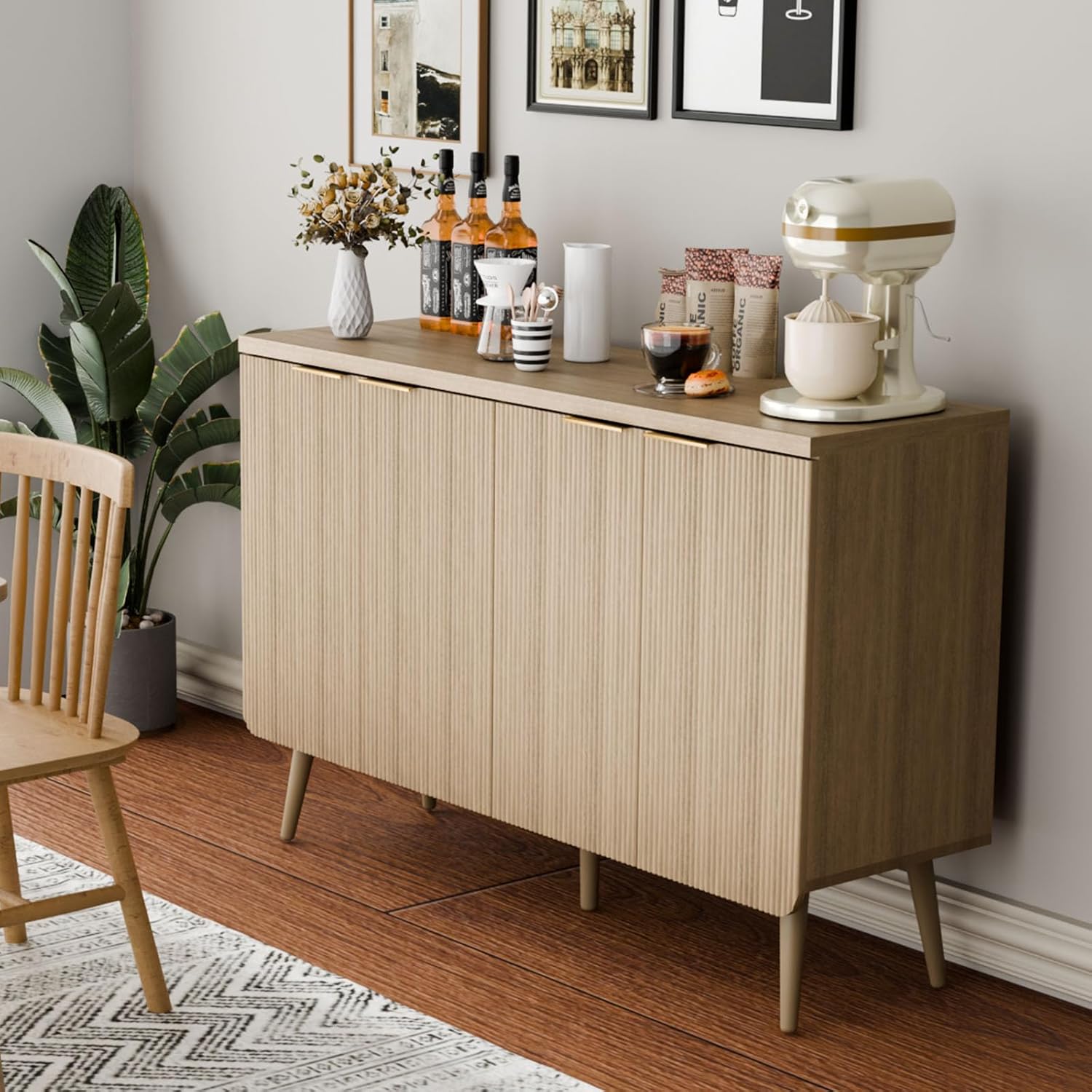 Modern Wavy Door Sideboard Buffet Cabinet with Solid Wood Feet & Adjustable Shelves, 4 Doors Storage Console Table for Entryway, Living Room, Kitchen & Hallway